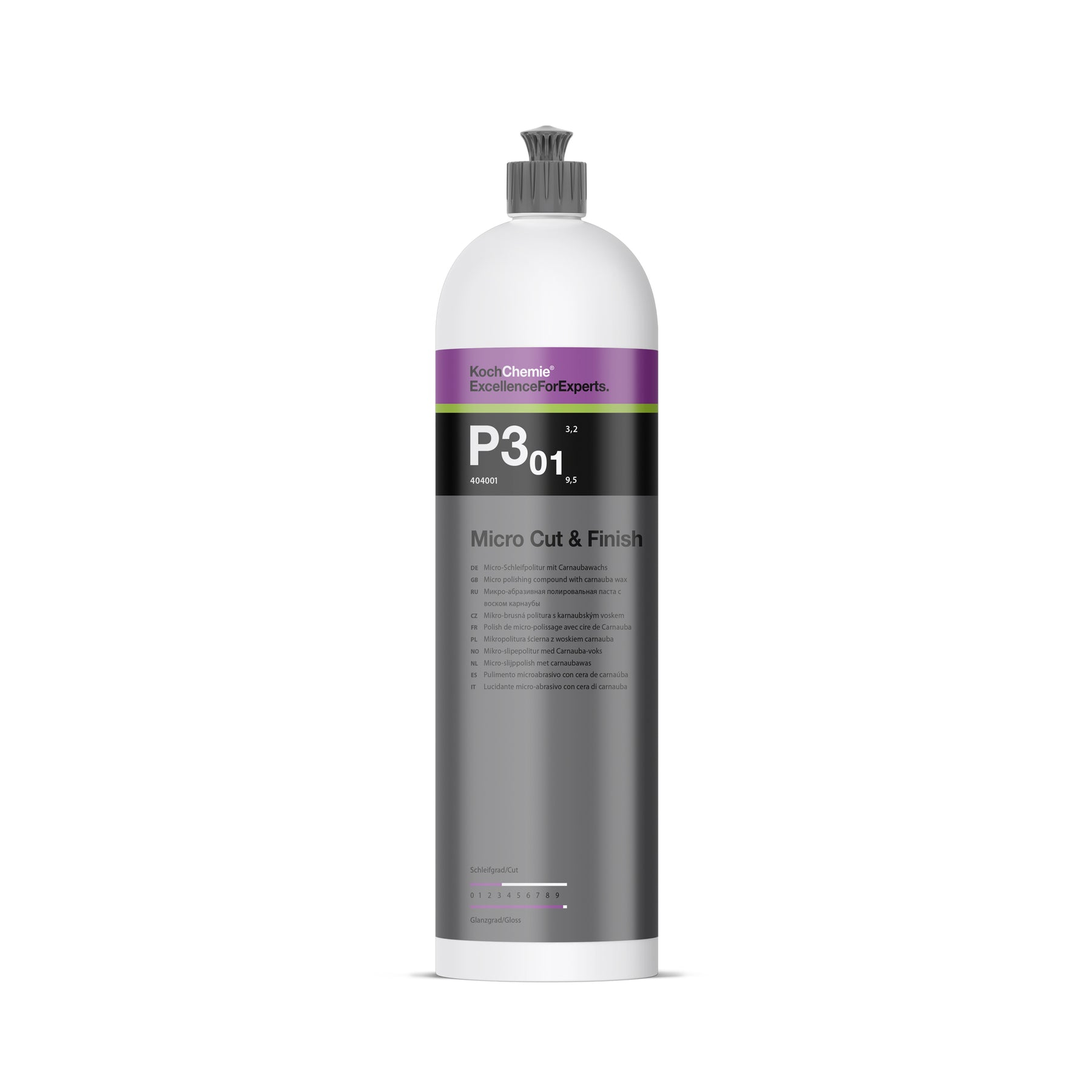 flacone Koch-Chemie Micro Cut & Finish P3.01 polish finitura anti-ologrammi con cera e alta brillantezza per vernici auto