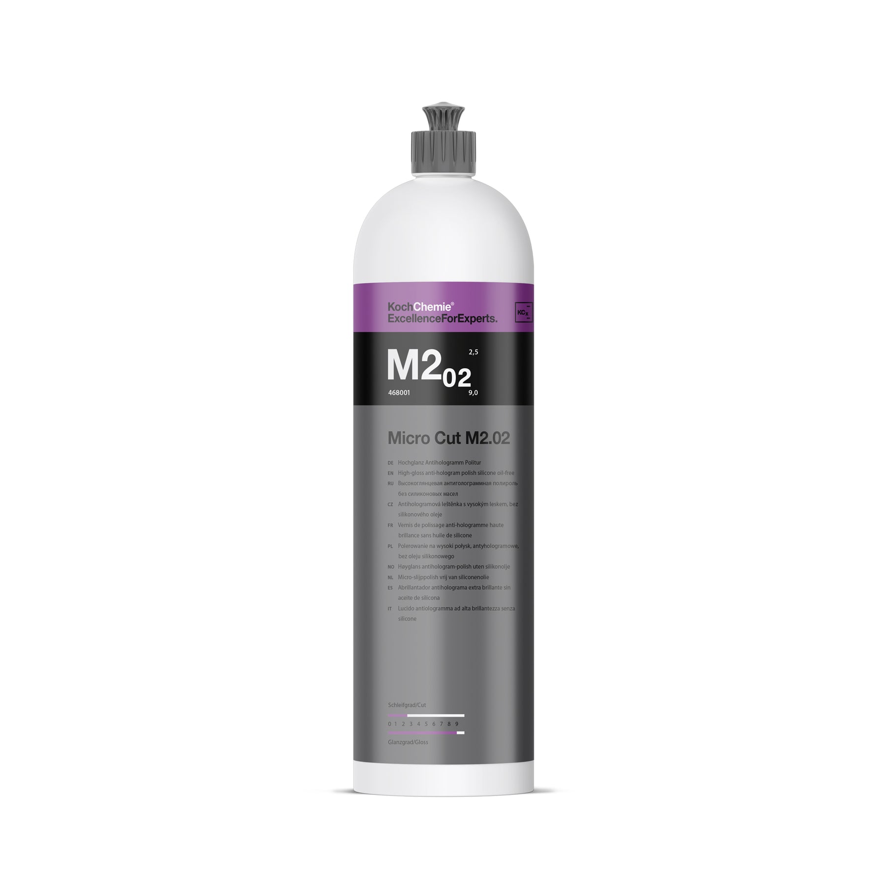 flacone Koch-Chemie Micro Cut M2.02 polish ultra-fine per finitura lucida rimozione ologrammi e micrograffi fino a grana 4000