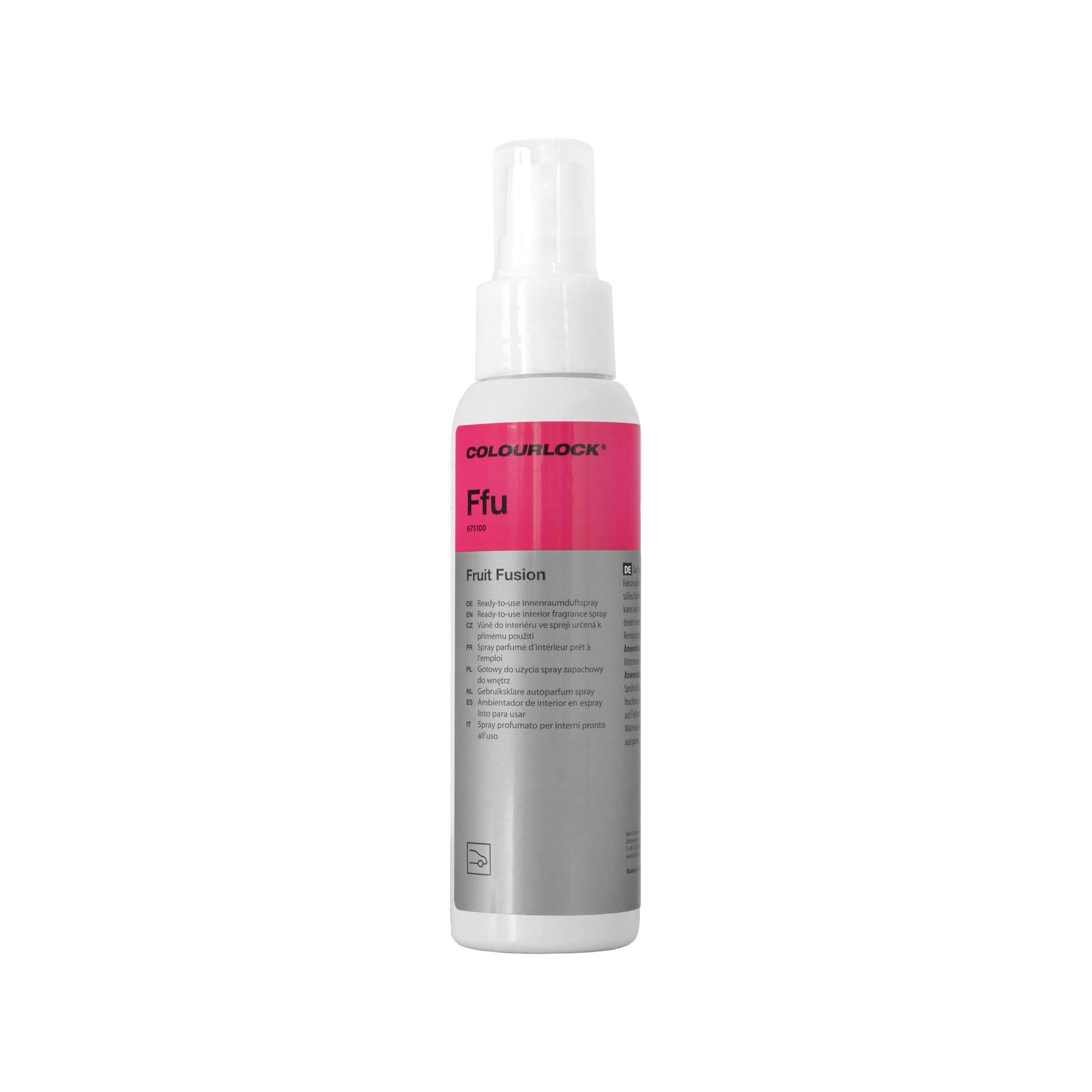Spray profumato KOCH-CHEMIE Ffu Fruit Fusion per interni auto con fragranza fruttata, senza alcol e a base d’acqua.