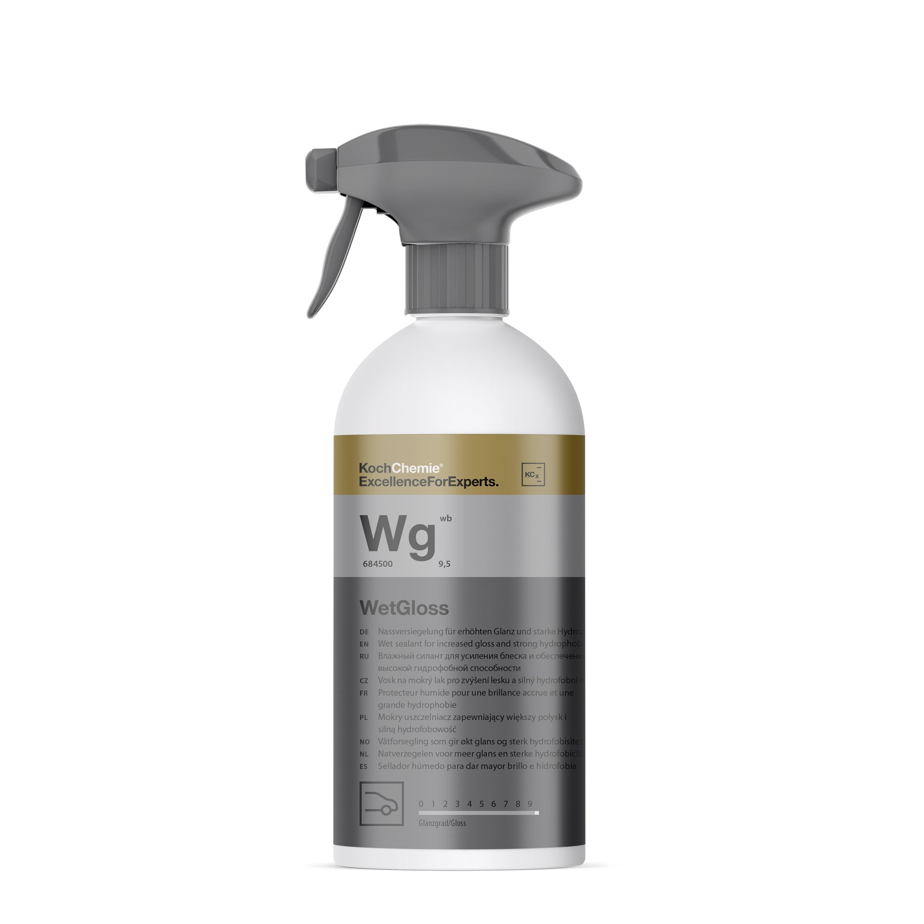Spray sigillante KOCH-CHEMIE Wg WetGloss per superfici esterne auto, effetto lucido e idrofobico, facile da applicare.