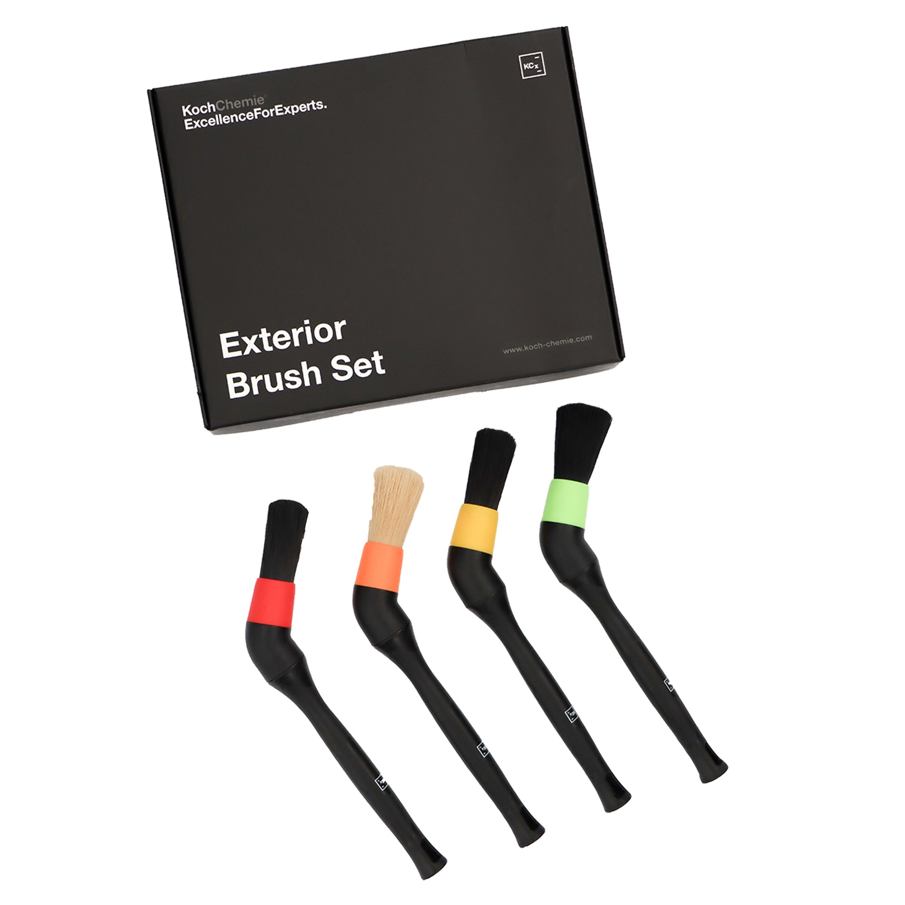 Koch Chemie Exterior Brush Set – set di 4 pennelli colorati per pulizia esterni auto con setole specifiche e angolo svitabile