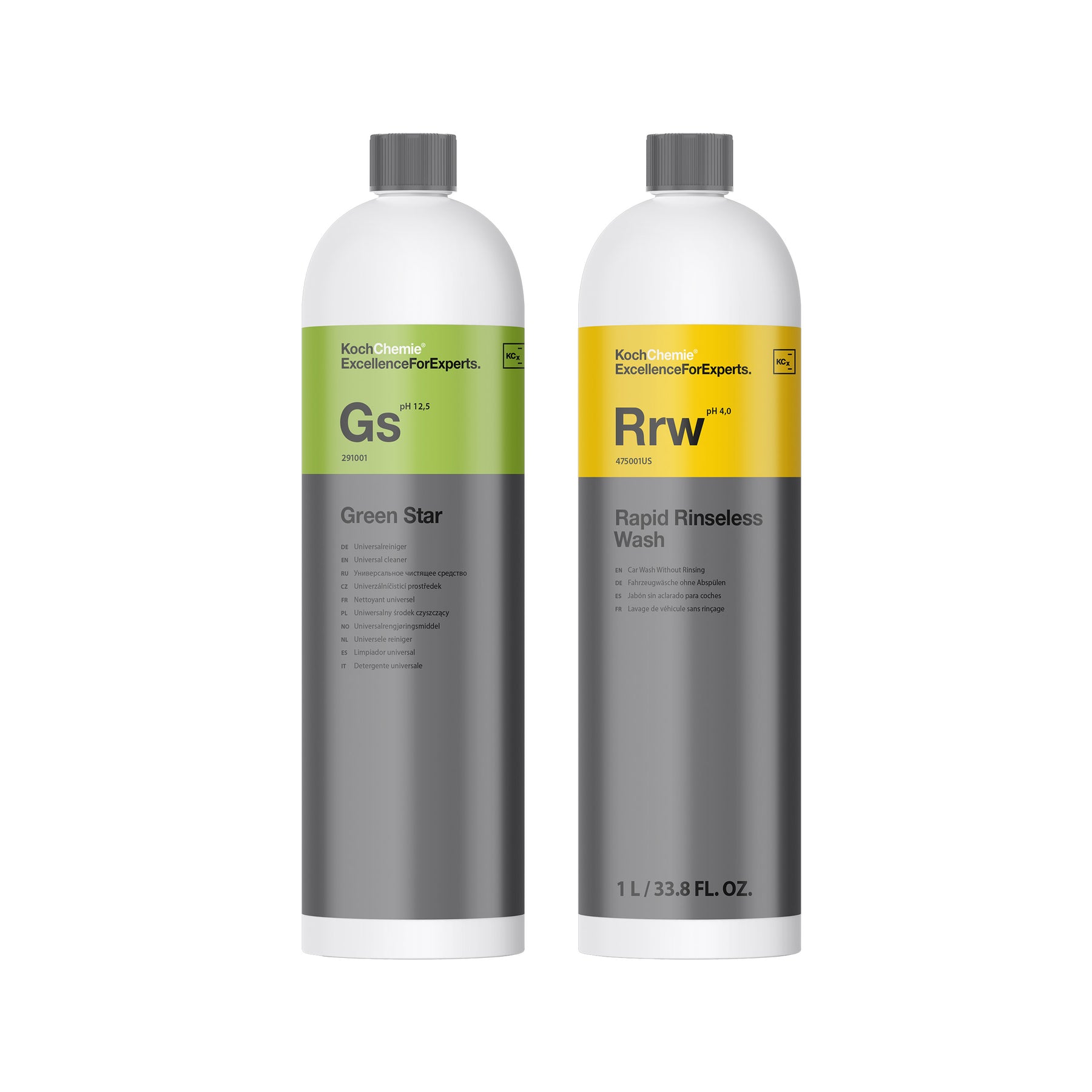 Bottiglie Koch-Chemie Green Star e Rapid Rinseless Wash per lavaggio auto senza risciacquo
