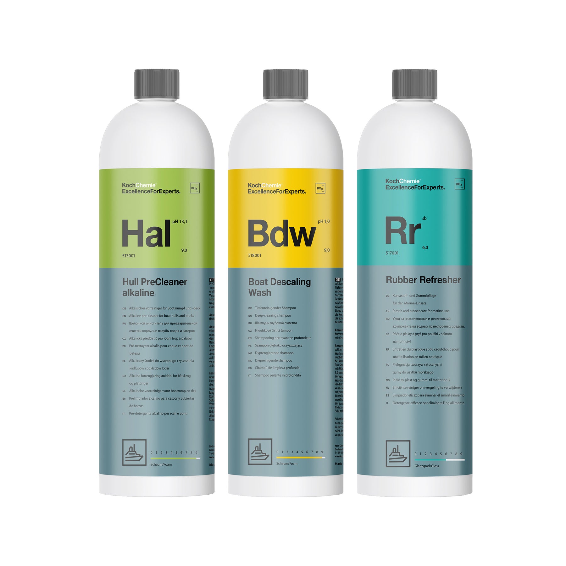 Kit prodotti Koch-Chemie Hull PreCleaner, Boat Descaling Wash e Rubber Refresher per pulizia e protezione gommoni e tubolari