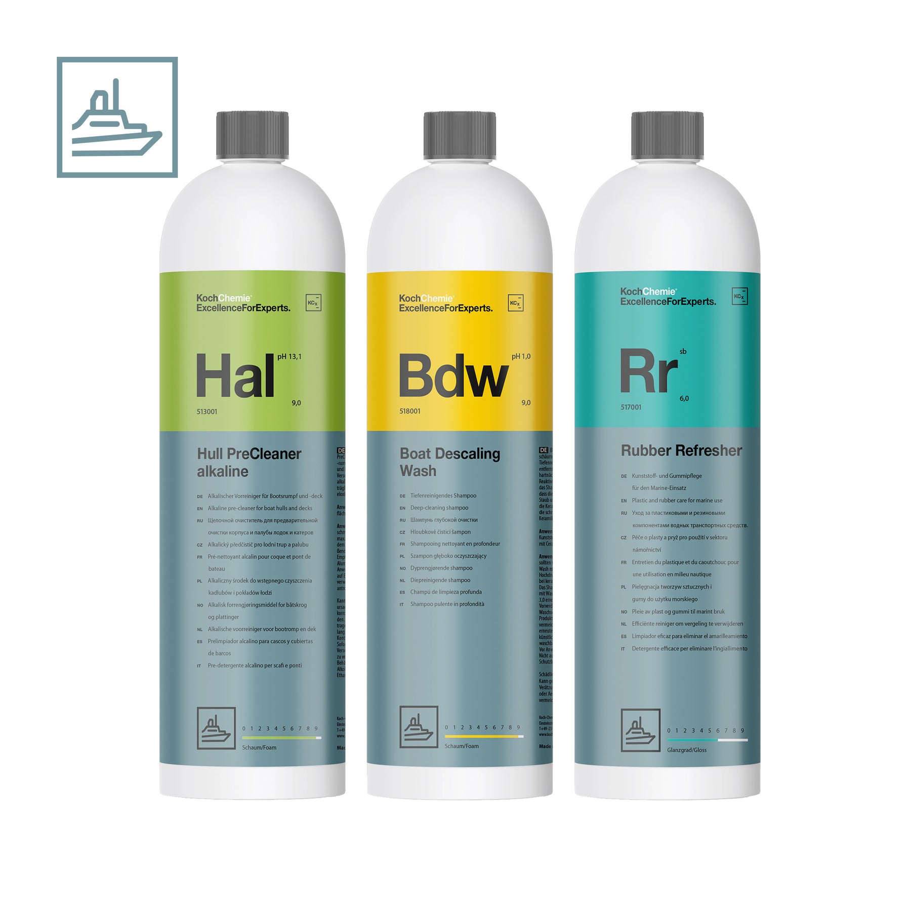 Kit prodotti Koch-Chemie Hull PreCleaner, Boat Descaling Wash e Rubber Refresher per pulizia e protezione gommoni e tubolari