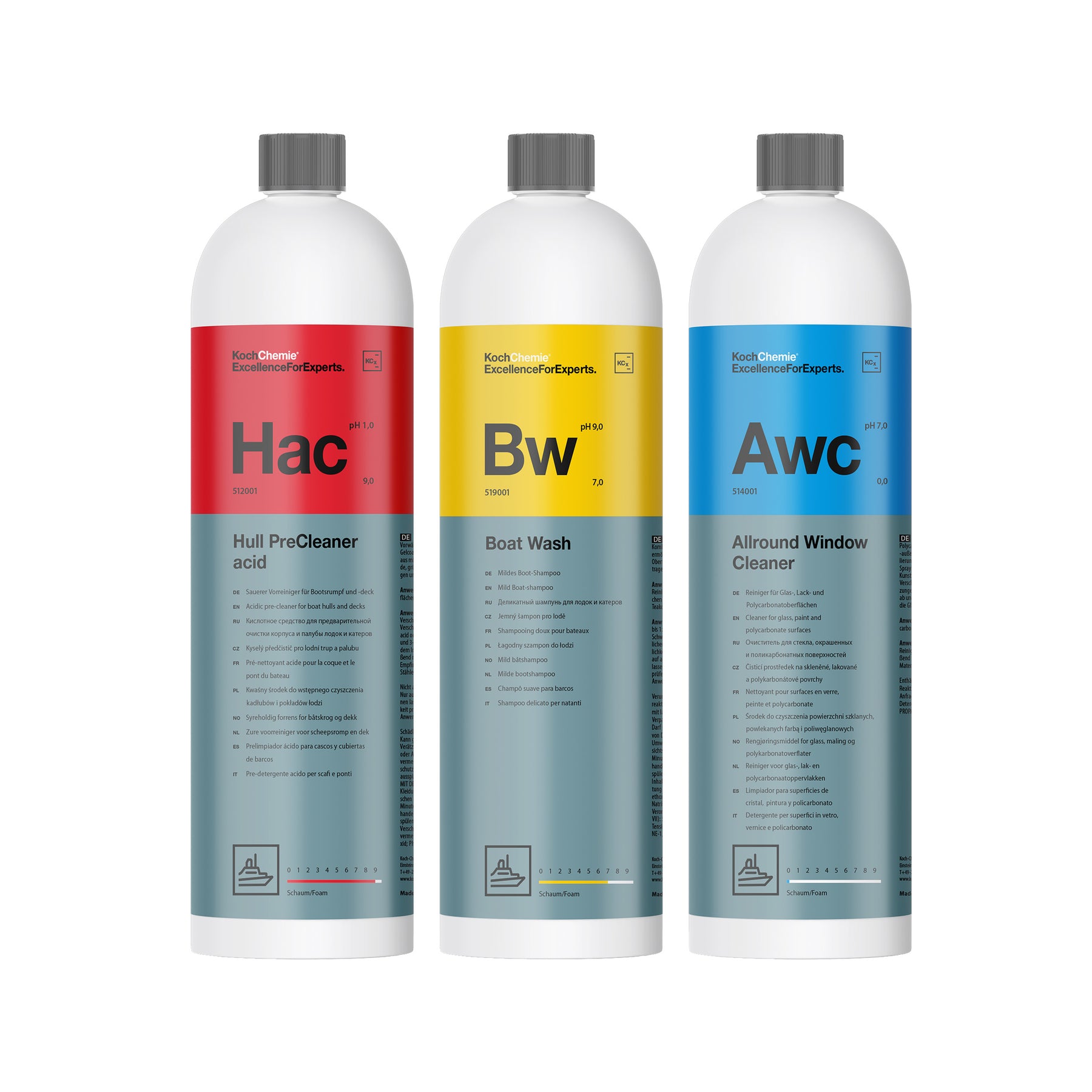 Kit prodotti Koch-Chemie Hull PreCleaner acid, Boat Wash e Allround Window Cleaner per lavaggio e cura completa delle imbarcazioni