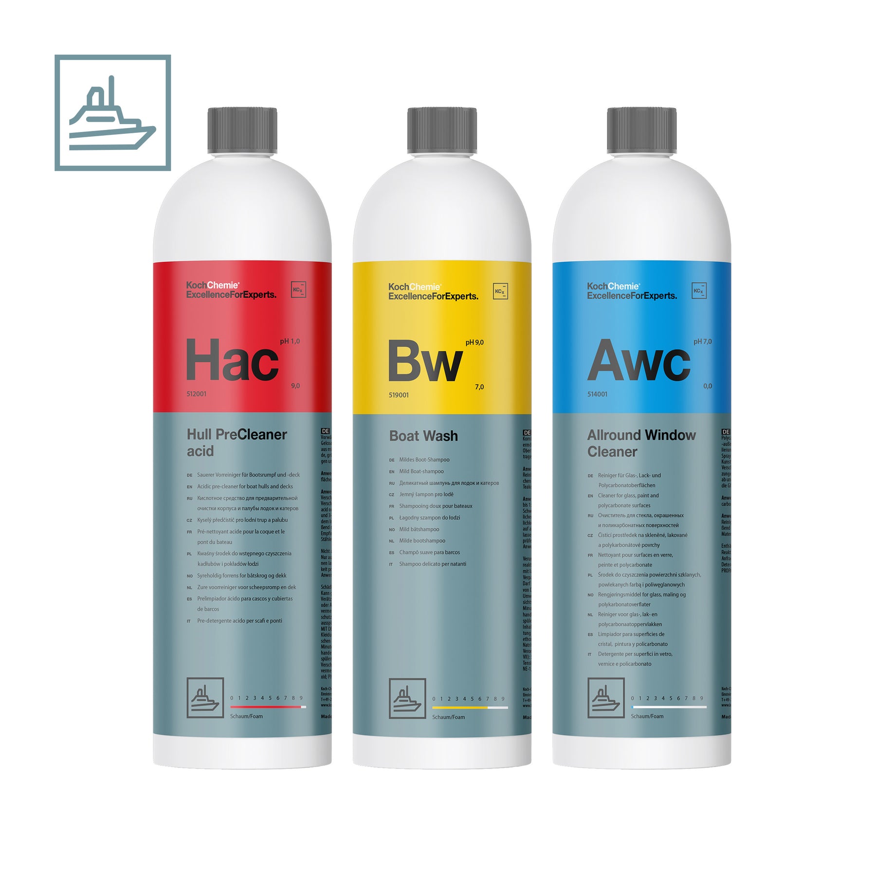 Kit prodotti Koch-Chemie Hull PreCleaner acid, Boat Wash e Allround Window Cleaner per lavaggio e cura completa delle imbarcazioni