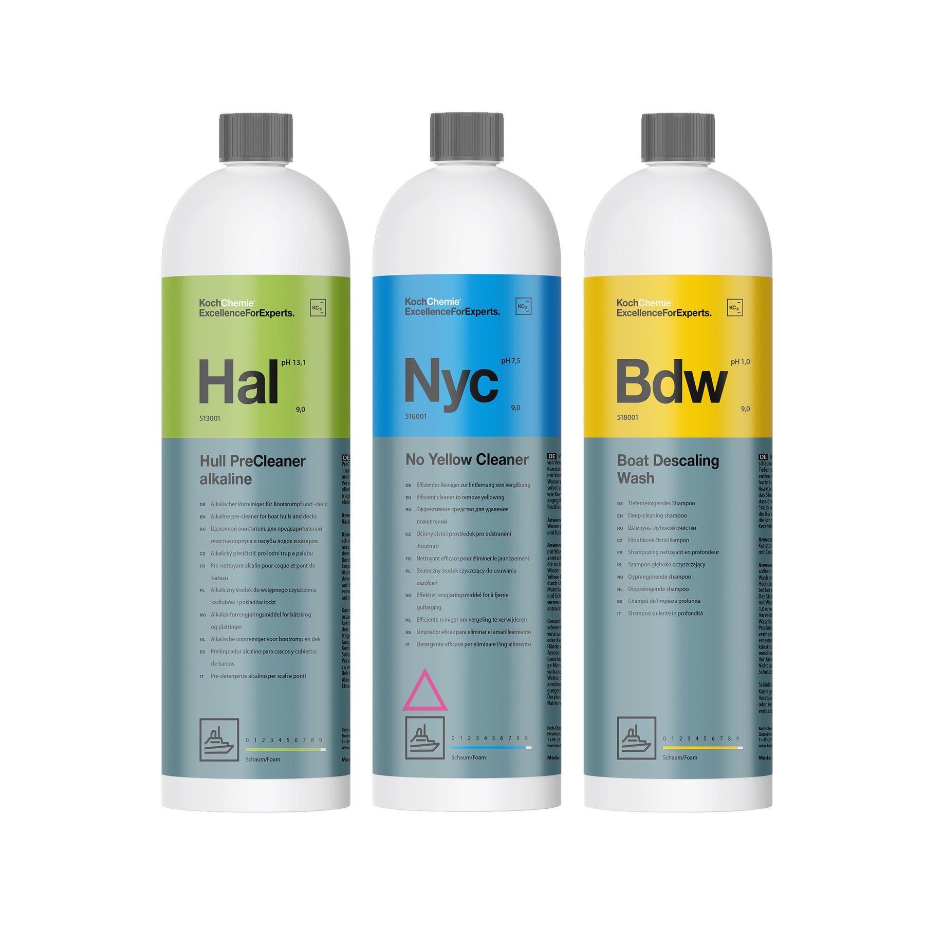 Kit Koch-Chemie con Hull PreCleaner alkaline, No Yellow Cleaner e Boat Descaling Wash per pulizia barca pre-rimessaggio invernale