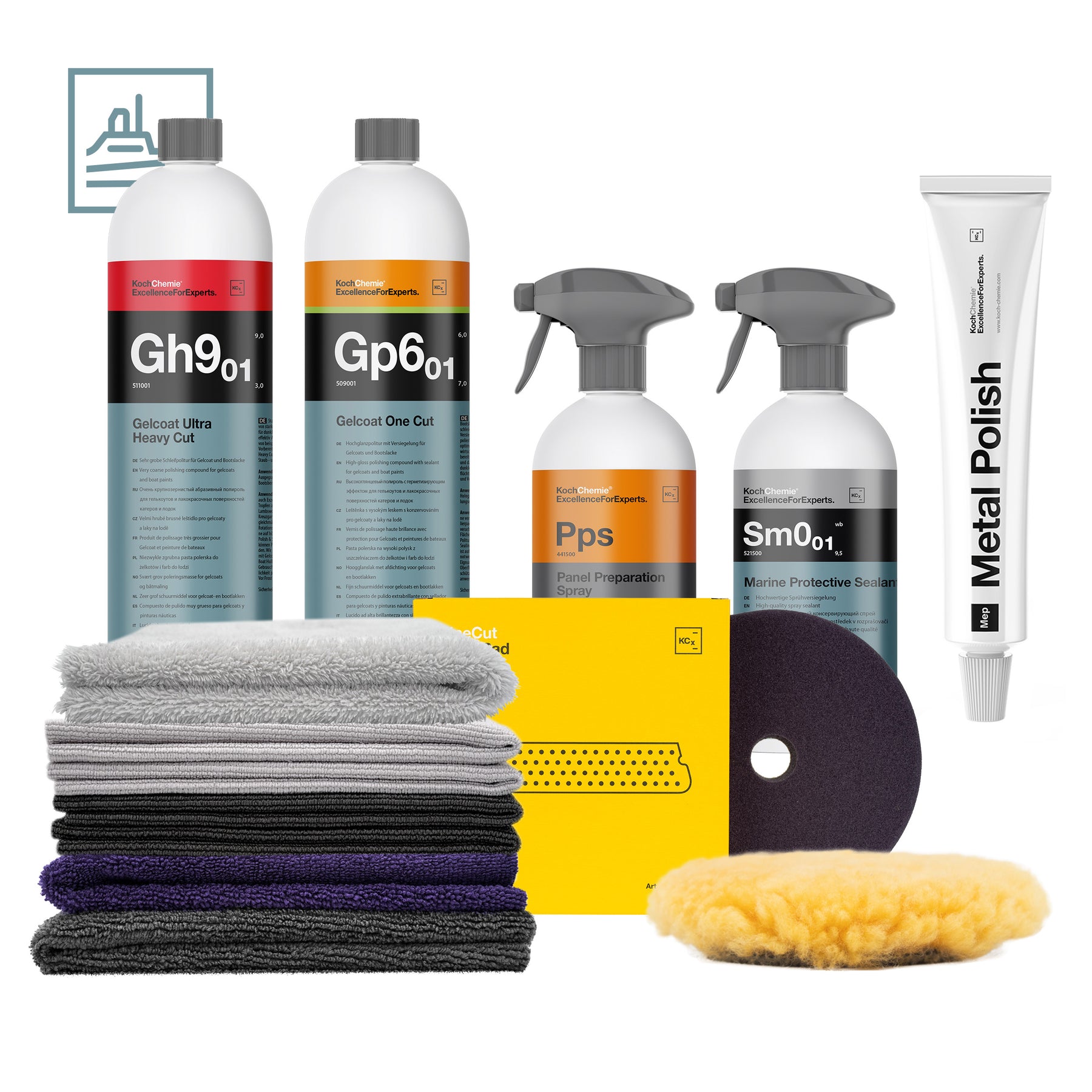 Kit lucidatura barche Koch-Chemie con compound Gh9.01 e Gp6.01, Plast Star, sigillante Sm0.01, Metal Polish, pad e panni per preparazione estiva