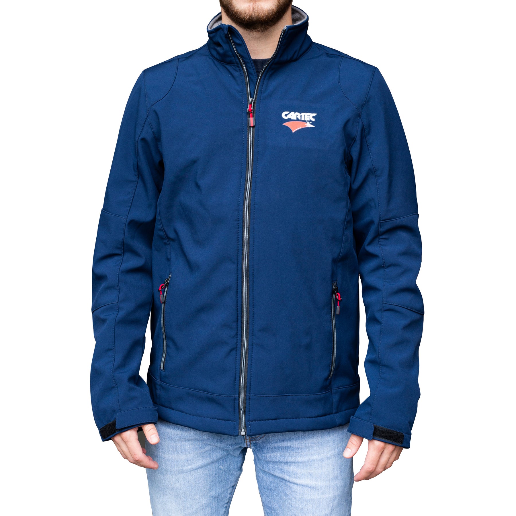 Uomo che indossa il CARTEC Giubotto blu, ideale per Detailers, con logo CARTEC sul petto