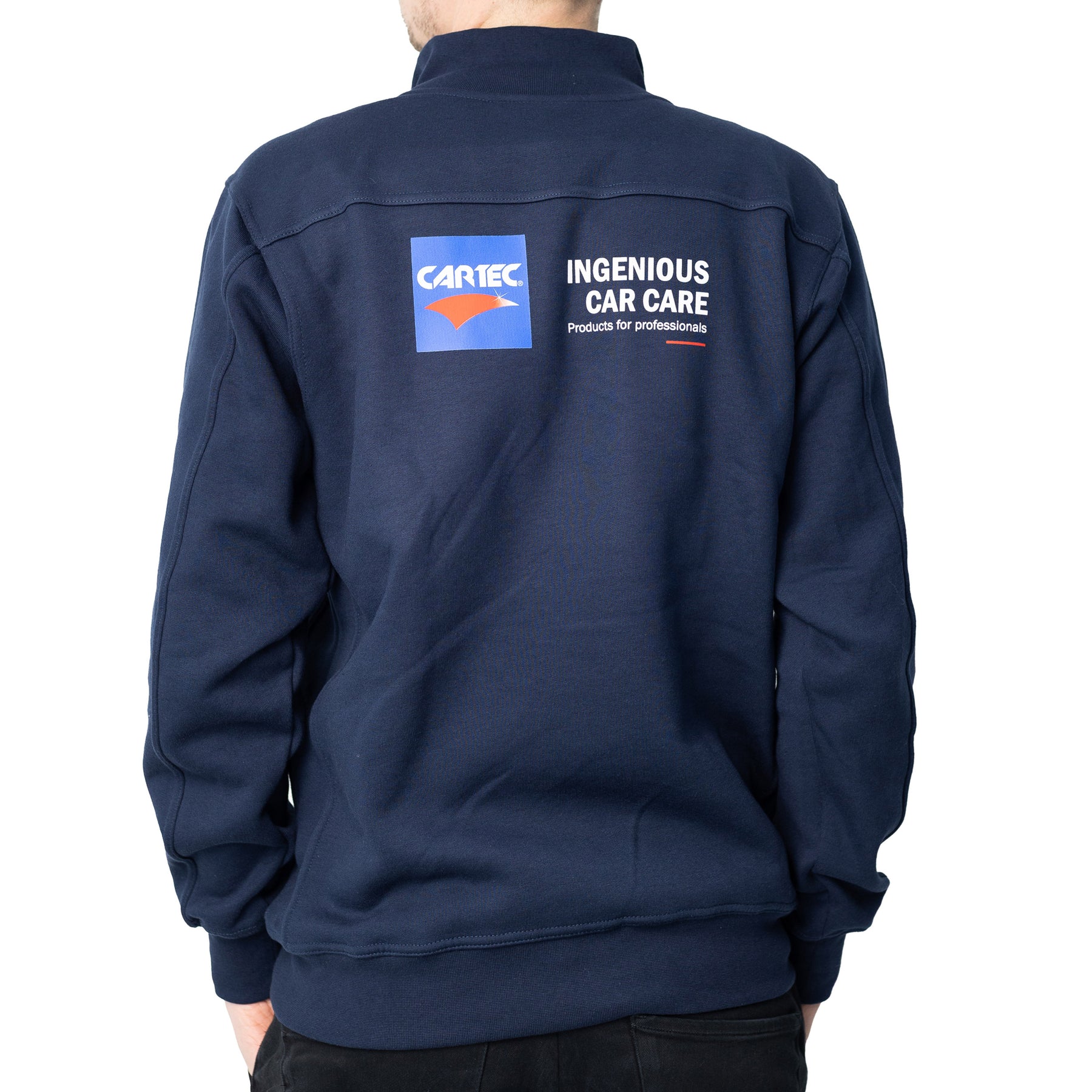 Retro zipsweater CARTEC blu navy con logo e scritta “Ingenious Car Care”, vestibilità regular fit