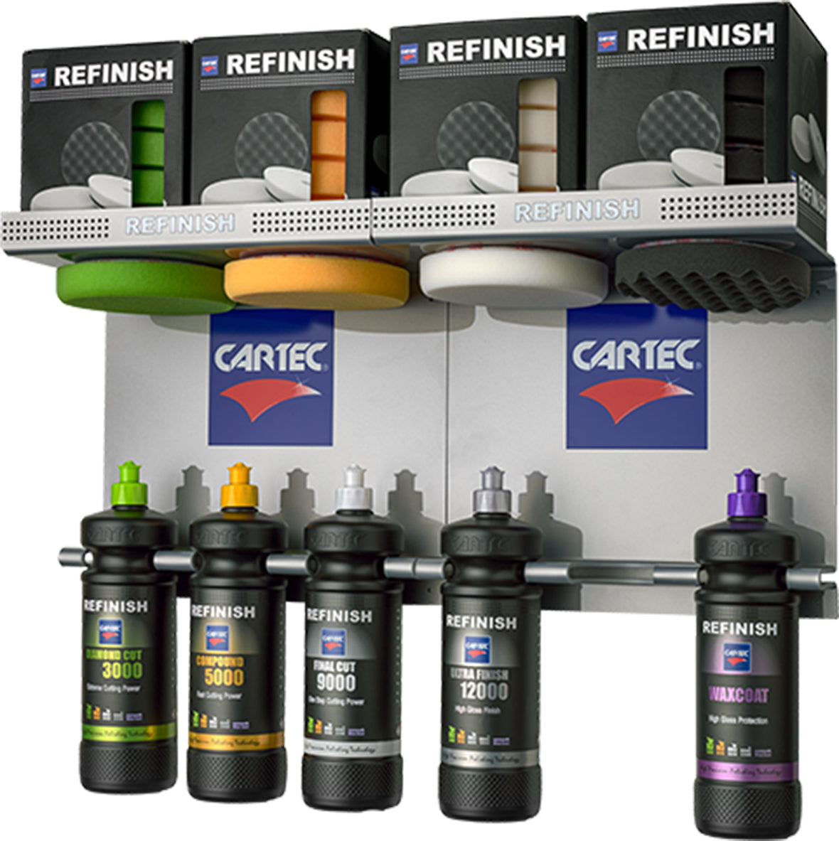 Supporto CARTEC Refinish Rack per l'organizzazione di prodotti detailing, con tamponi, panni e flaconi di compound e polish.