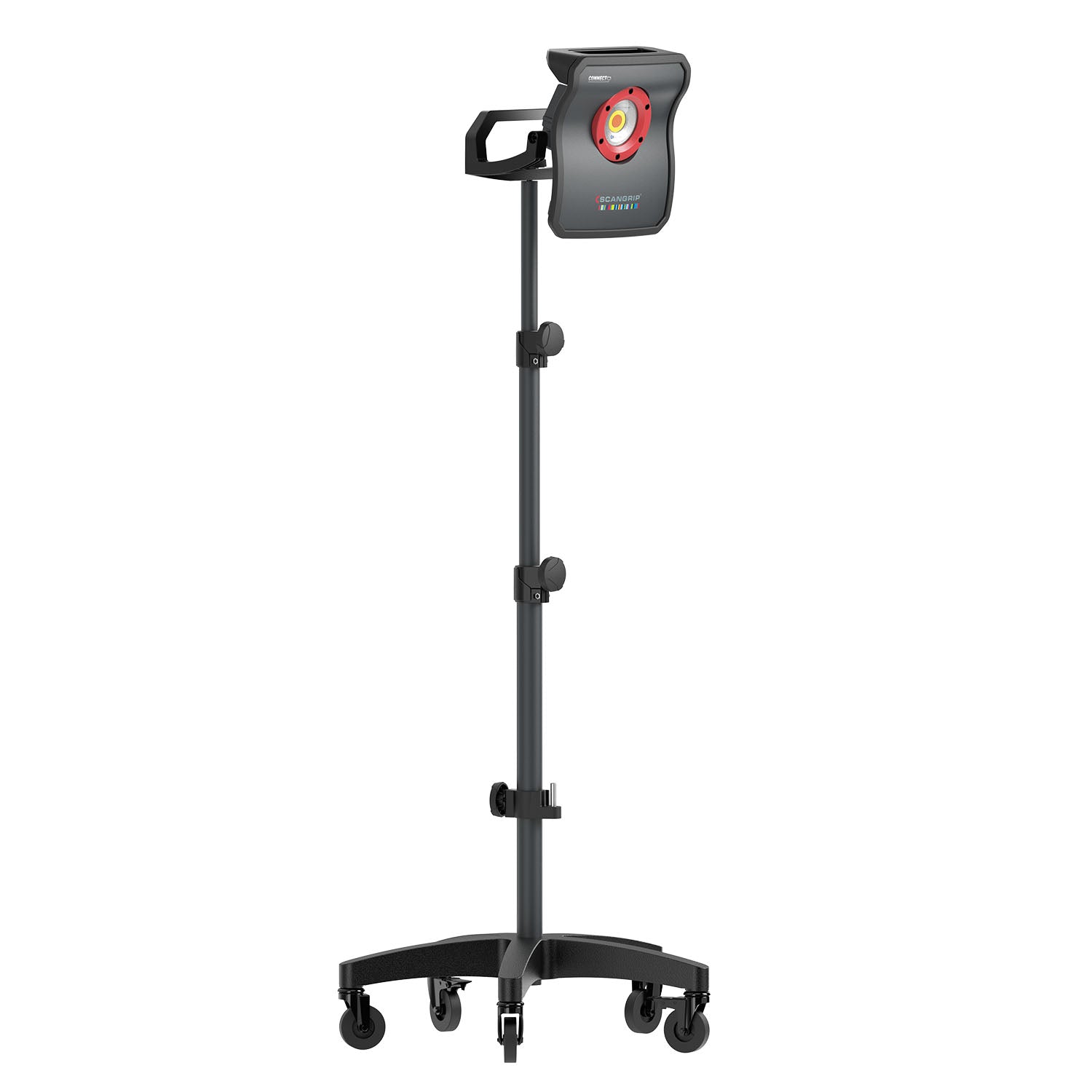 Lampada SCANGRIP Multimatch 3 Connect montata su supporto con ruote, regolabile in altezza, ideale per lavori di detailing professionale e mobilità.