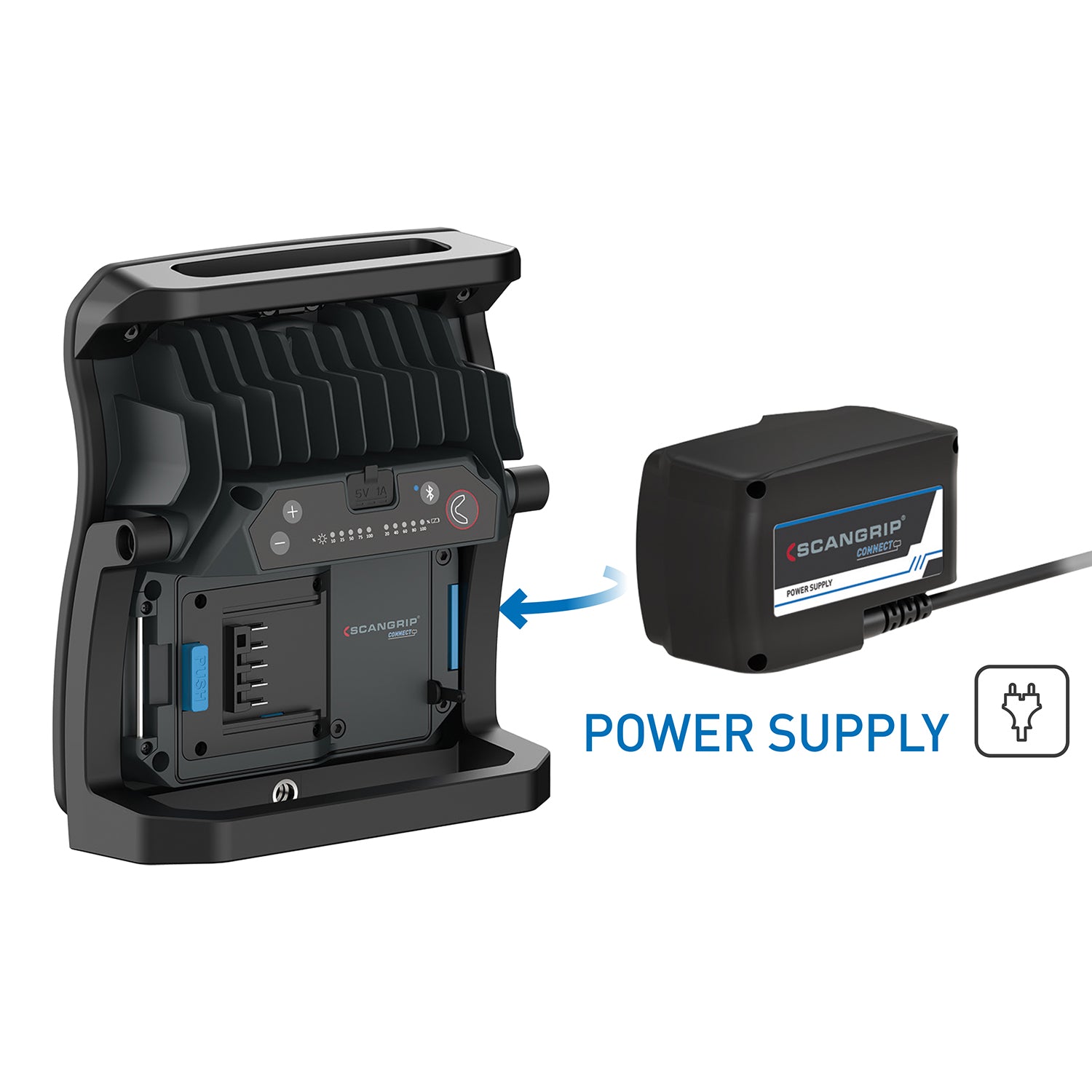 SCANGRIP Power Supply Connect collegato a una stazione di ricarica per attrezzi professionali