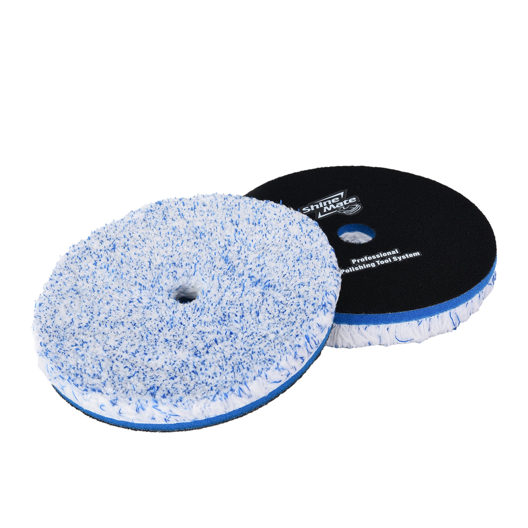 Fronte e retro di tamponi in microfibra ShineMate per lucidatura auto, con design bianco e blu.
