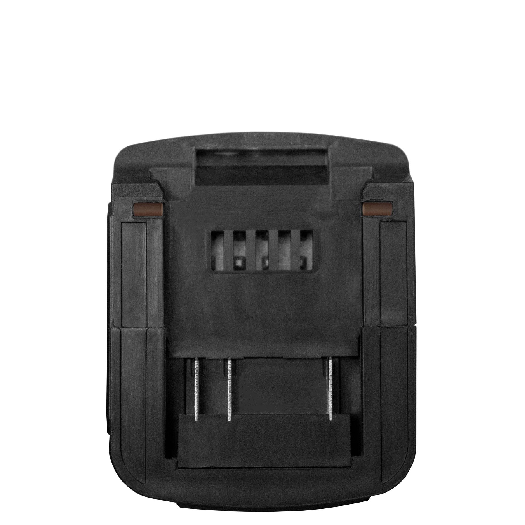 Vista posteriore di una batteria SHINEMATE con fermi installati, progettata per migliorare la stabilità e il fissaggio durante l'uso di attrezzature professionali.