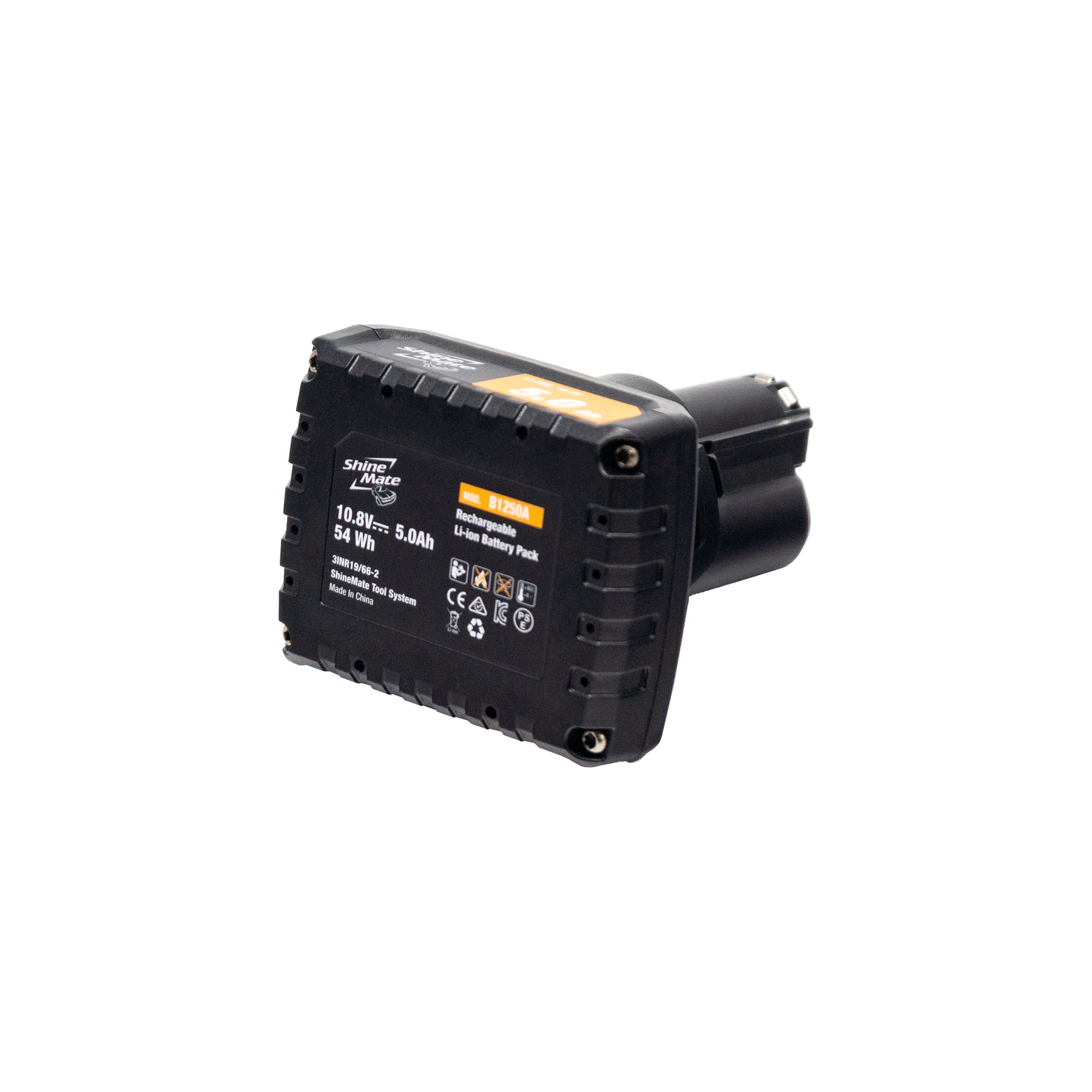 Dettaglio della base della batteria ShineMate 5.0Ah 10.8V agli ioni di litio, con specifiche tecniche e certificazioni visibili