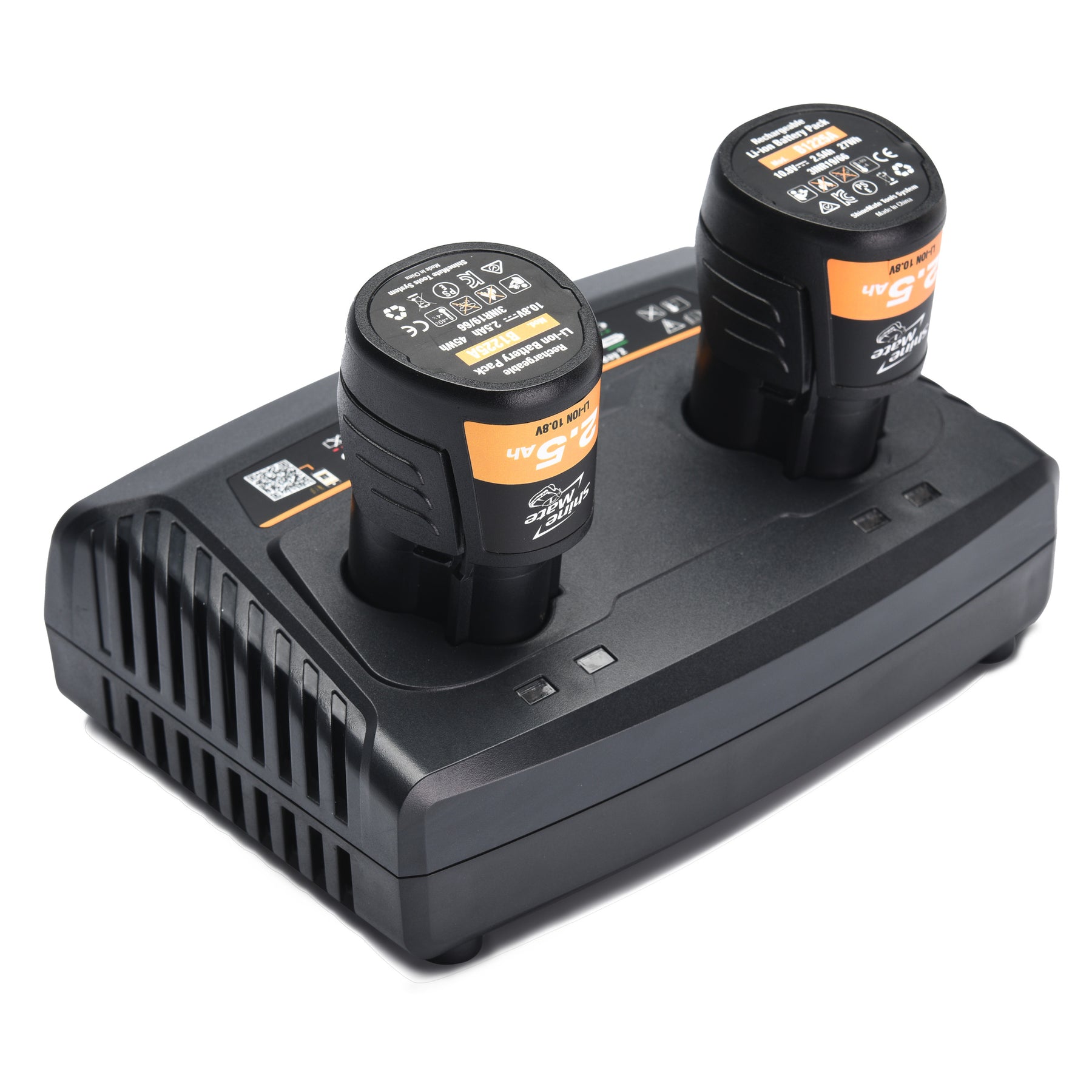 SHINEMATE Caricabatteria Doppio per lucidatrici cordless, ricarica due batterie contemporaneamente per una maggiore efficienza nei lavori di detailing.
