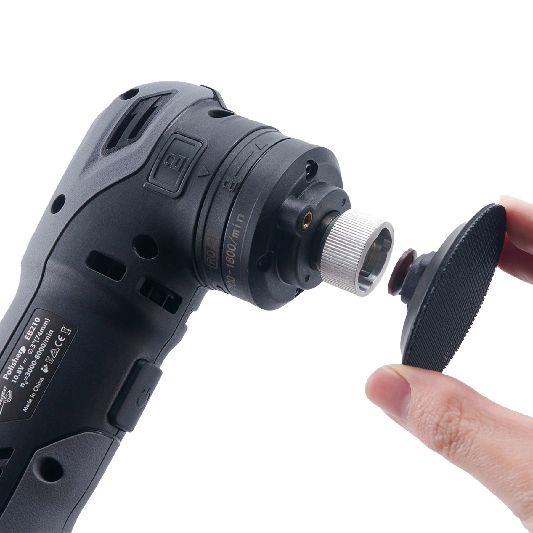 SHINEMATE EB210 Lucidatrice Rotativa Cordless vista laterale orizzontale, progettata per una lucidatura efficace e professionale nei lavori di detailing auto.