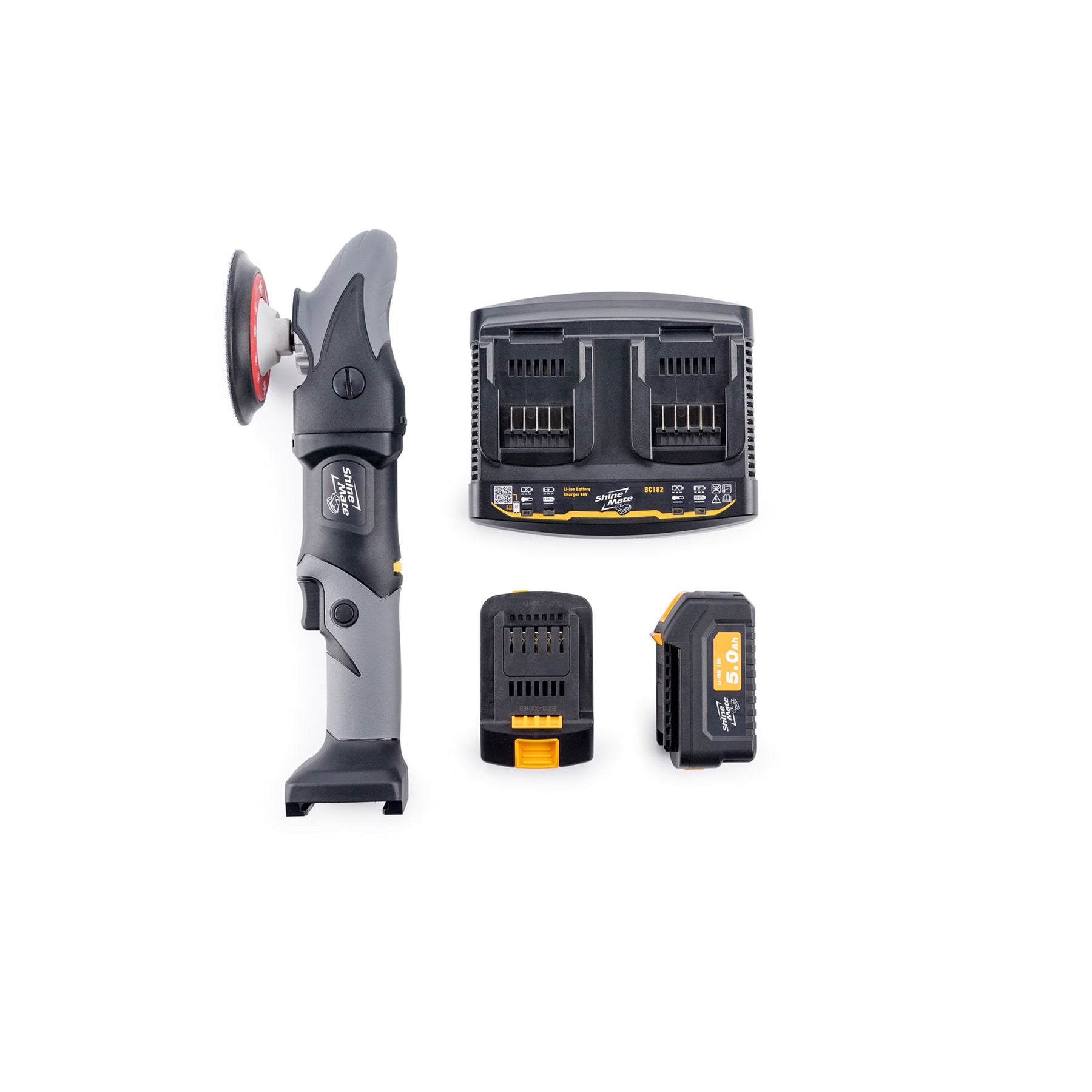 Vista dall’alto del kit ShineMate EB251-6 All in Box con lucidatrice, doppio caricabatterie, batteria da 5.0Ah