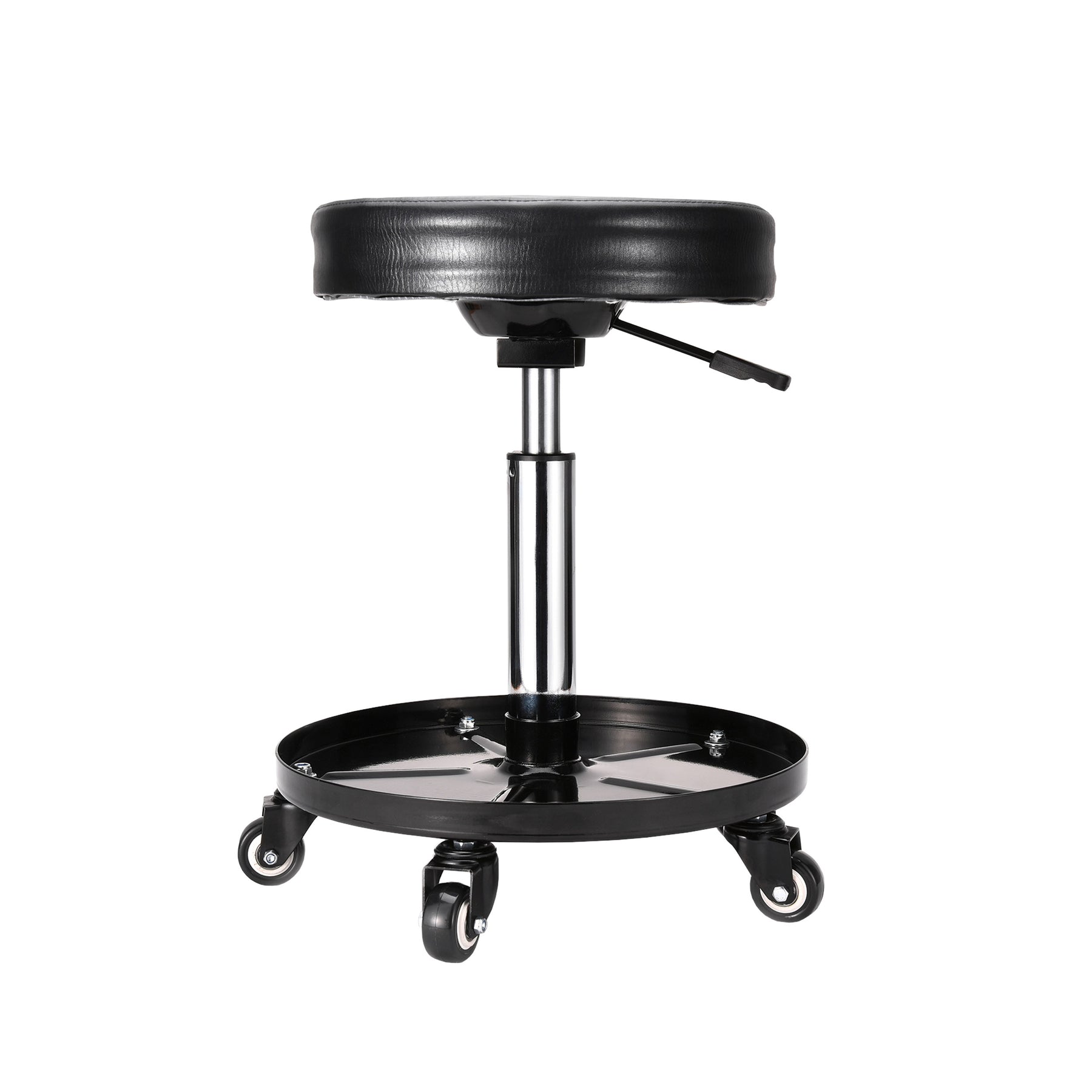 Sgabello mobile regolabile con seduta imbottita, struttura in acciaio e base con ruote per un facile movimento, ideale per lavori di detailing.