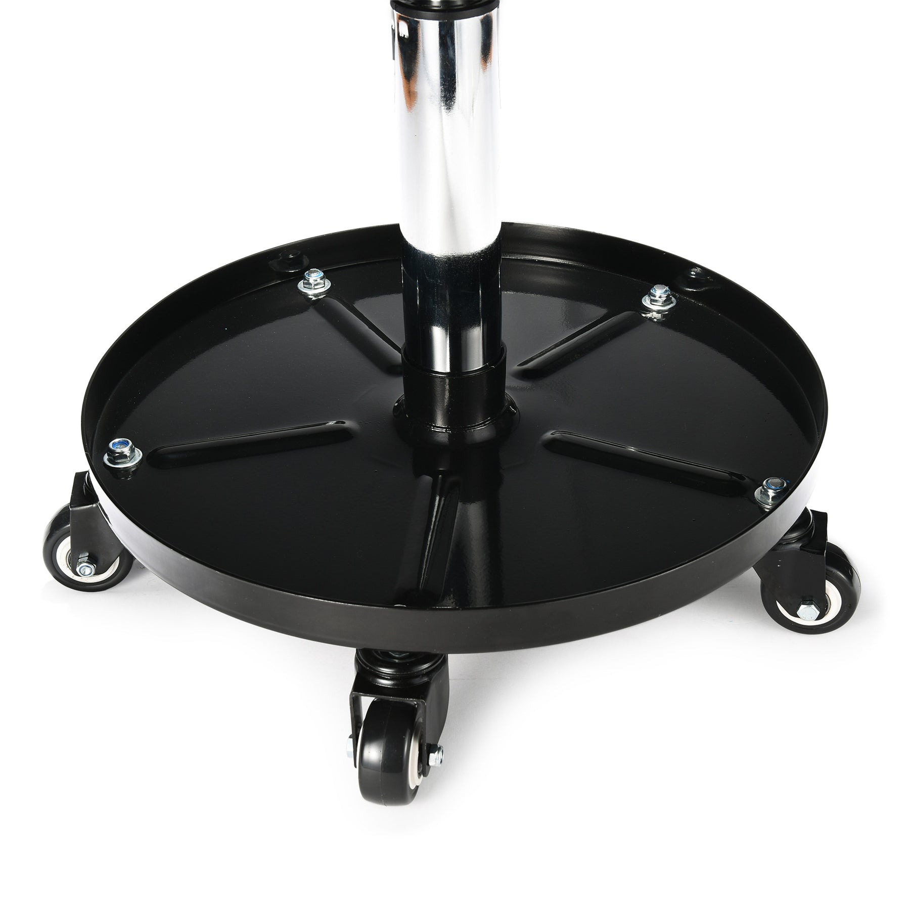 Sgabello mobile regolabile con seduta imbottita, struttura in acciaio e base con ruote per un facile movimento, ideale per lavori di detailing.