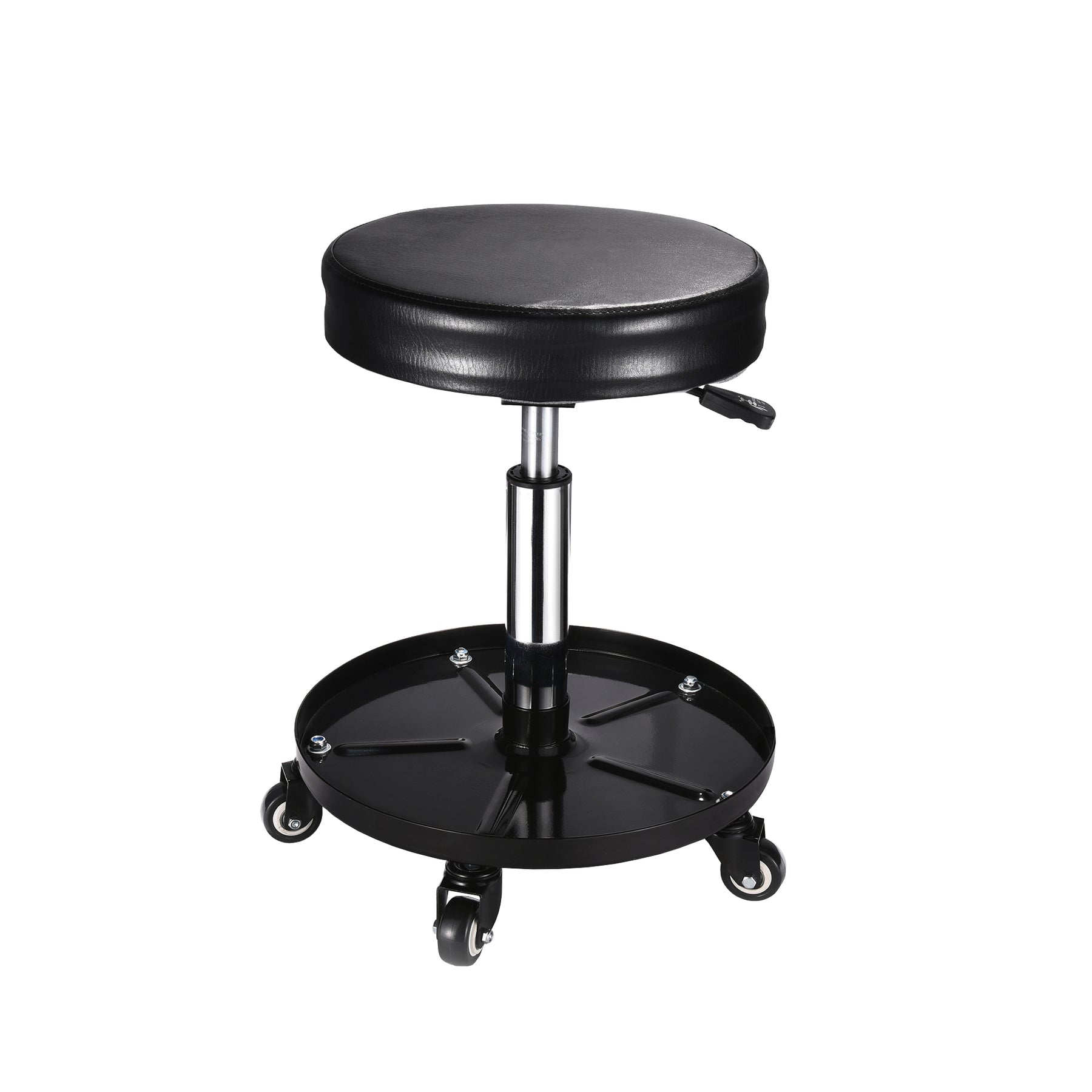 Sgabello mobile regolabile con seduta imbottita, struttura in acciaio e base con ruote per un facile movimento, ideale per lavori di detailing.