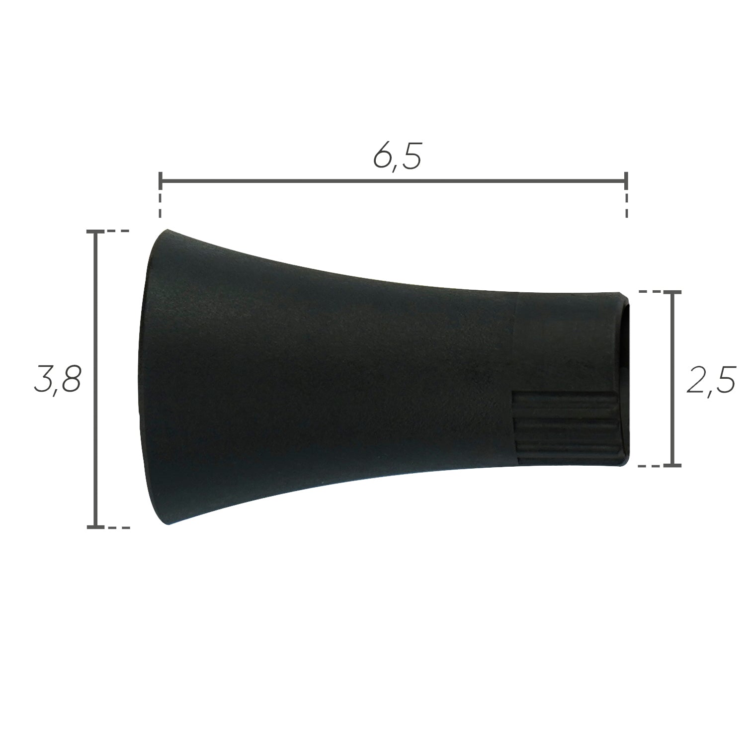 Terminale IDROBASE per A-vortice Aria Gold con misure dettagliate: lunghezza 6,5 cm, diametro maggiore 3,8 cm, diametro minore 2,5 cm
