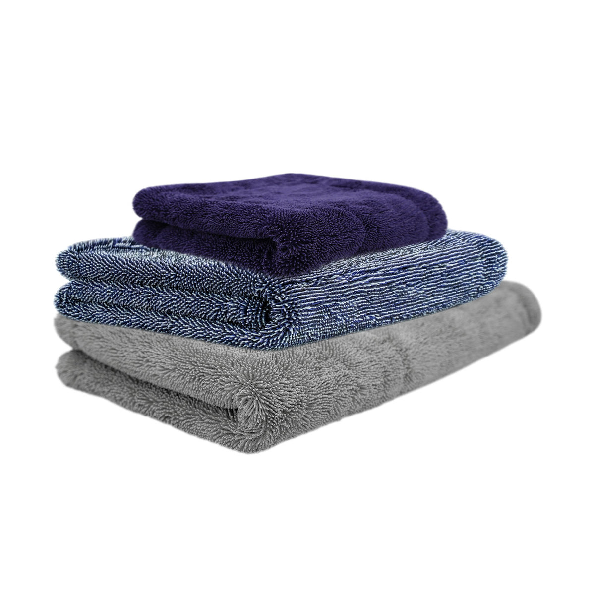 Due panni in microfibra ultra assorbenti, uno grigio e uno blu, sovrapposti, ideali per l'asciugatura rapida e senza aloni delle superfici auto.