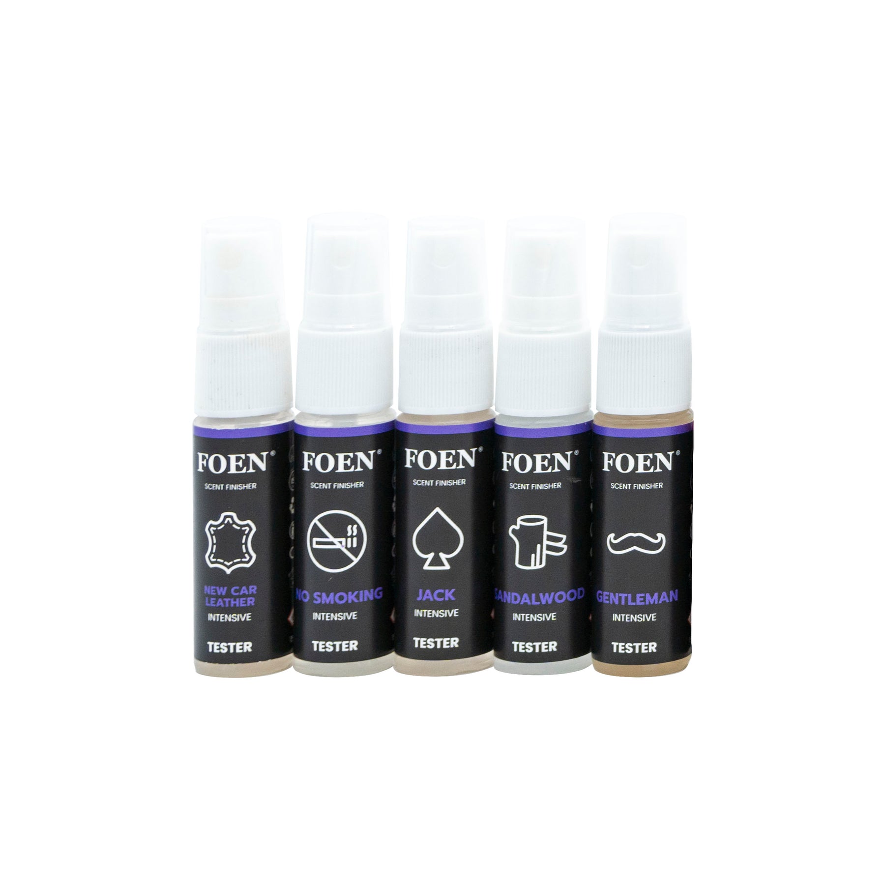 Cinque flaconi del FOEN Tester Kit con diverse fragranze, tra cui New Car Leather, No Smoking, Jack, Sandalwood, e Gentleman, perfettamente allineati per offrire un'esperienza olfattiva personalizzata.