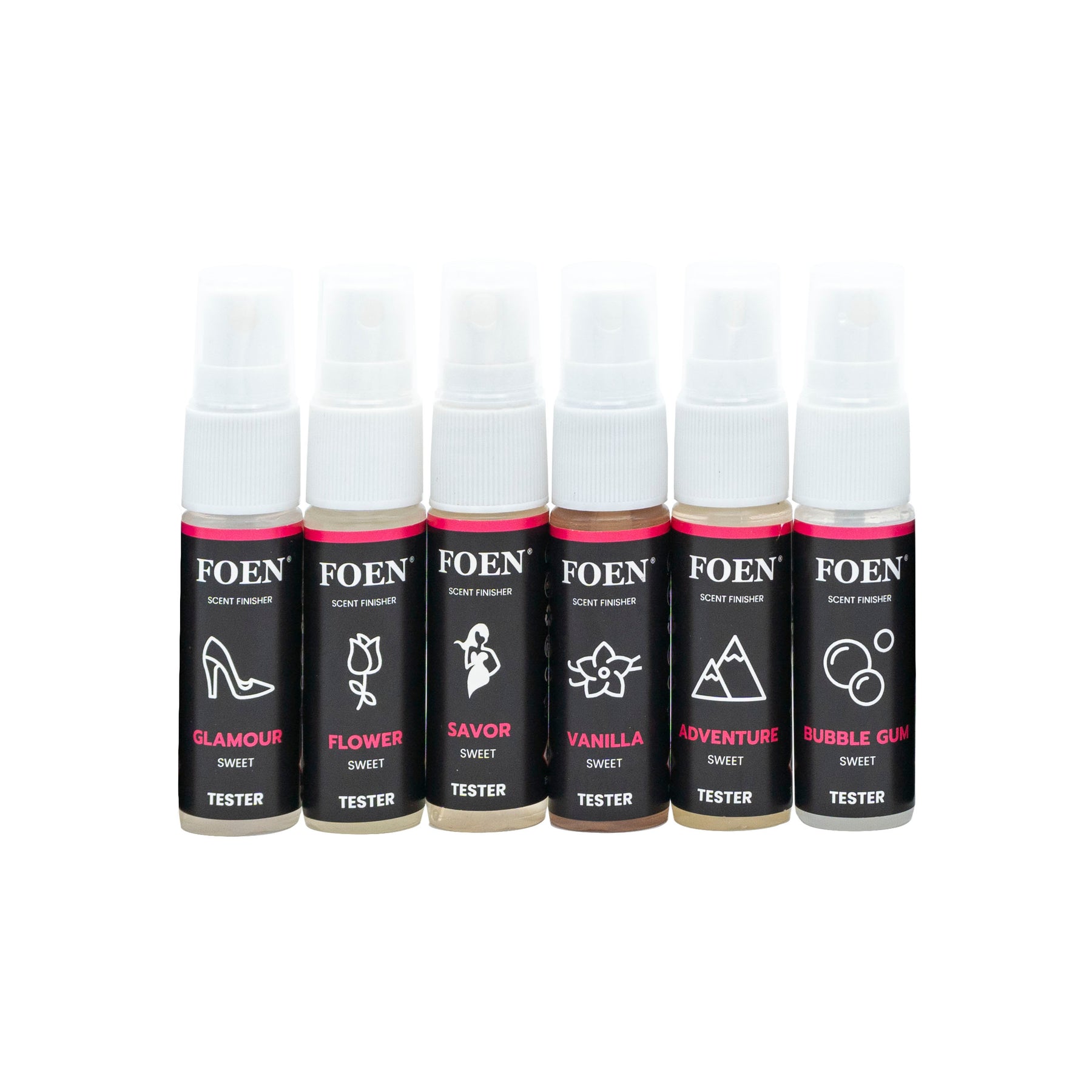 Sei flaconi del FOEN Tester Kit con fragranze dolci, tra cui Glamour, Flower, Savor, Vanilla, Adventure, e Bubble Gum, ideali per chi cerca profumi delicati e avvolgenti.