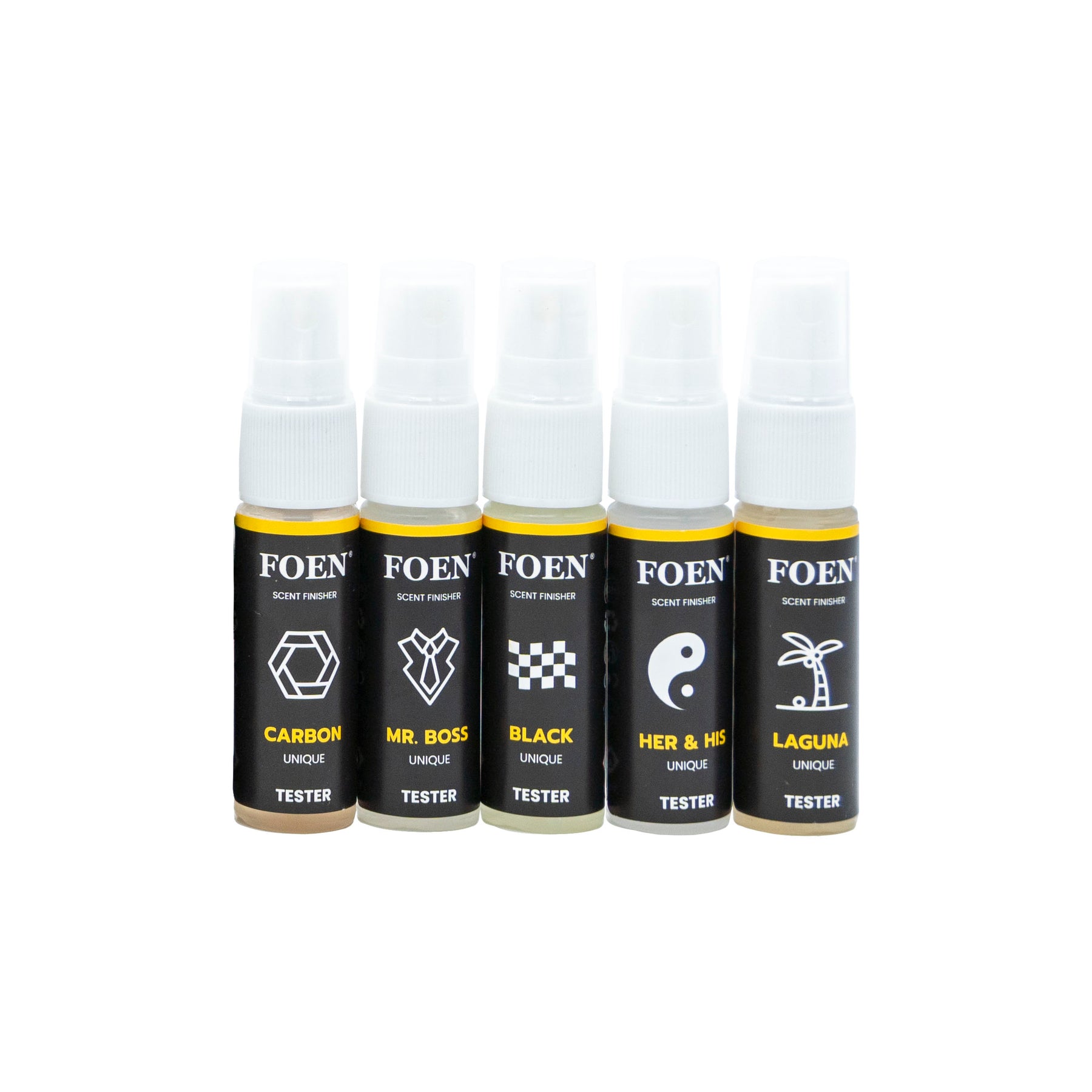 Cinque flaconi del FOEN Tester Kit con fragranze uniche, tra cui Carbon, Mr. Boss, Black, Her & His, e Laguna, perfettamente allineati per offrire profumi distintivi e originali.
