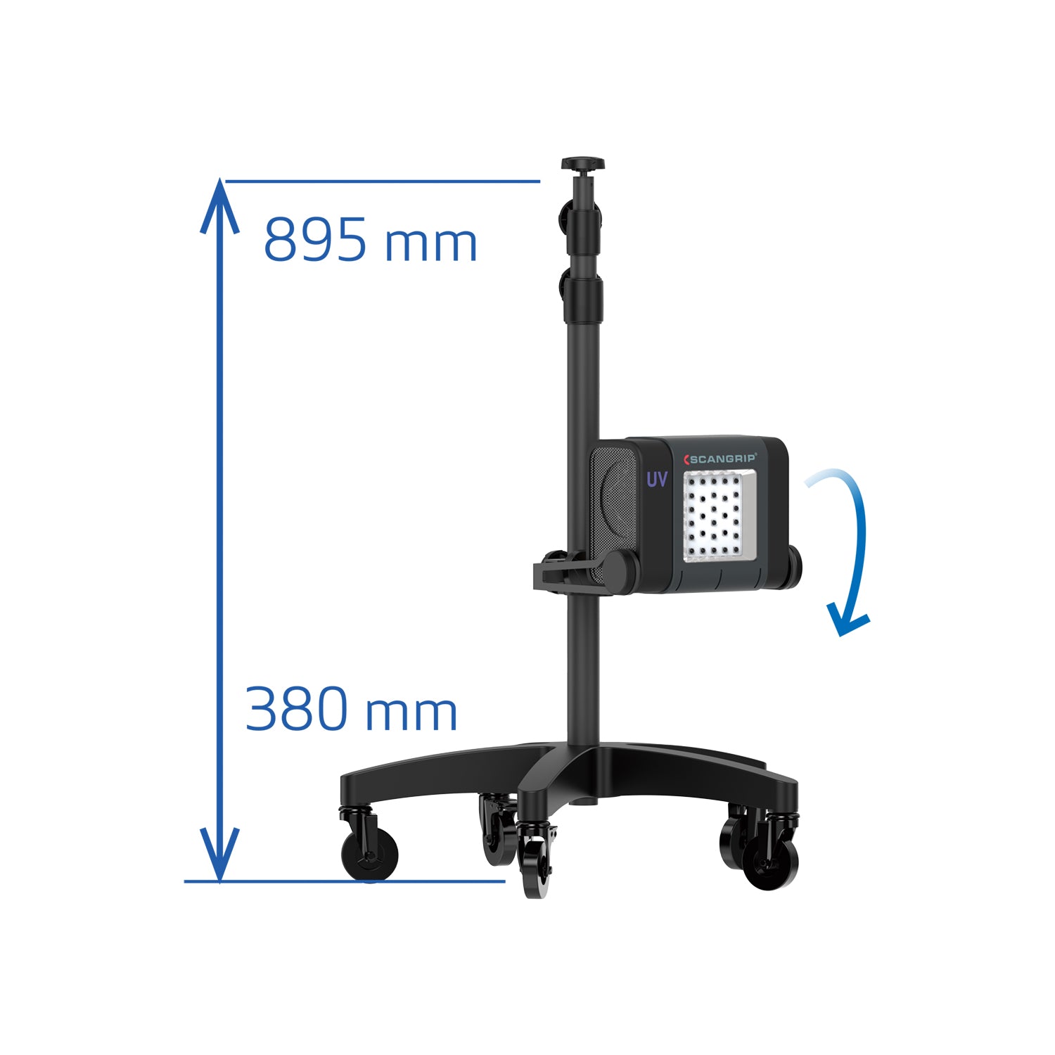 SCANGRIP Supporto UV-Extreme montato su Wheel Stand 2.0, utilizzato per polimerizzazione UV nel detailing.