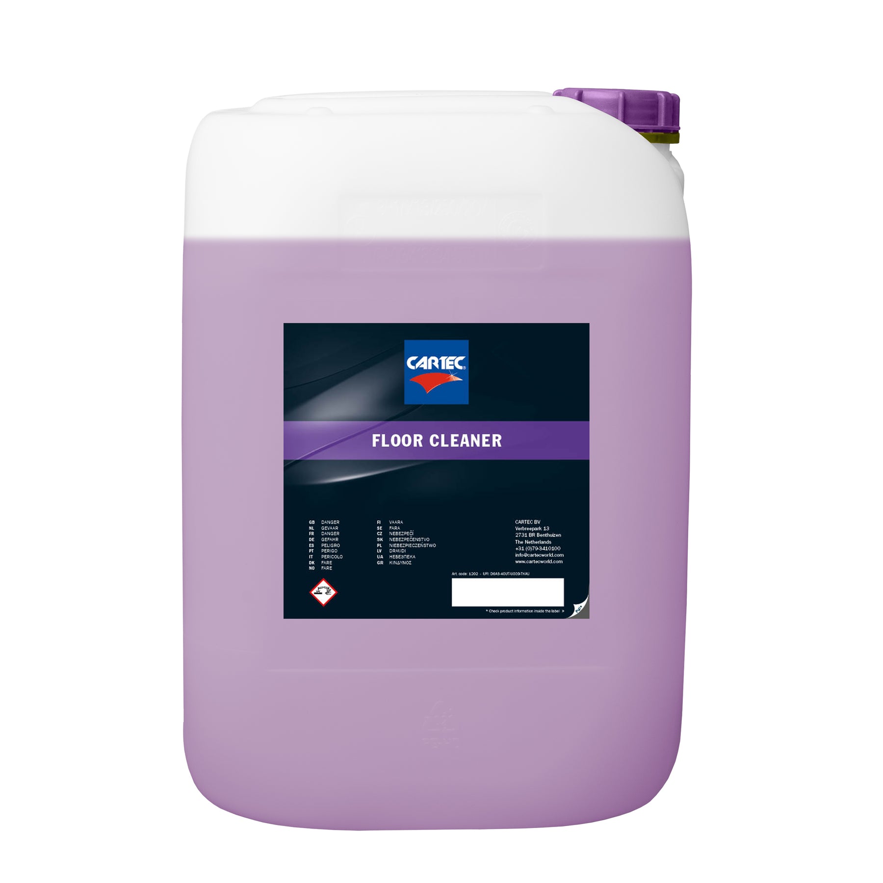 Tanica da 20 litri di detergente per pavimenti CARTEC Floor Cleaner con liquido viola e tappo viola.