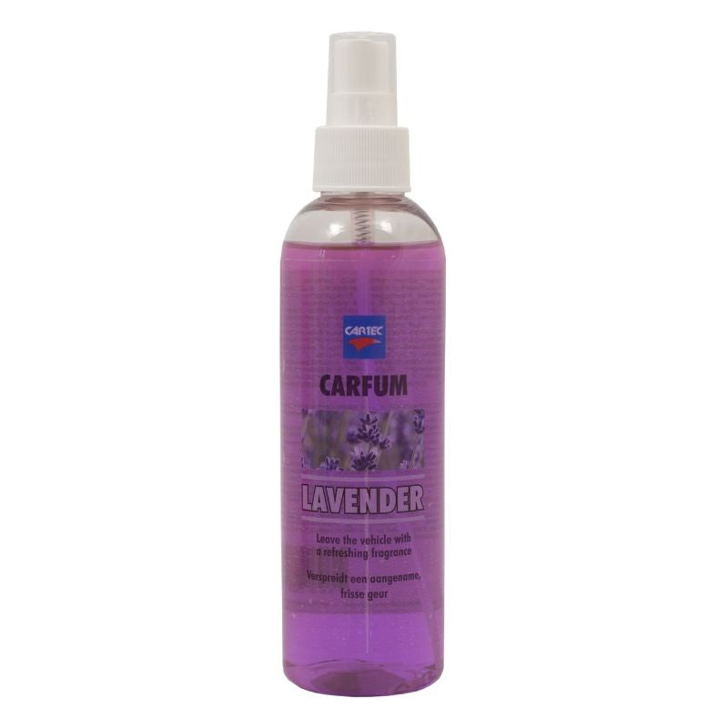 Flacone spray di Cartec Carfum Lavender, profumatore per auto con fragranza alla lavanda per un aroma fresco e rilassante.