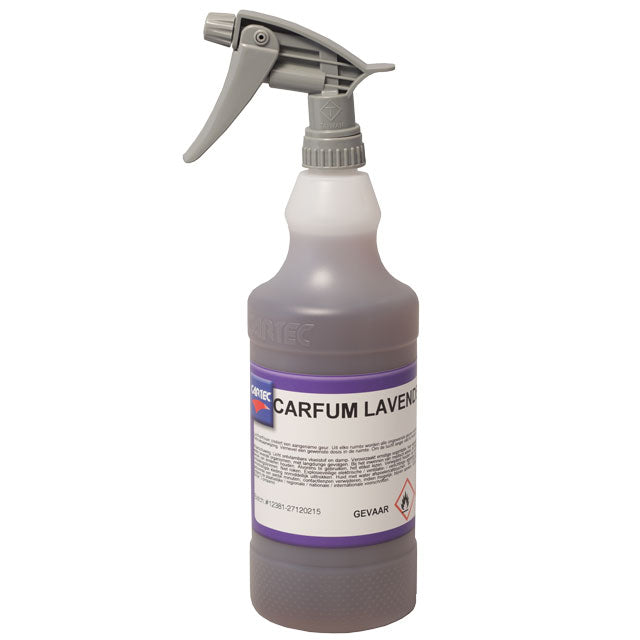 Flacone spray di Cartec Carfum Lavender, profumatore per auto con fragranza alla lavanda per un aroma fresco e rilassante.