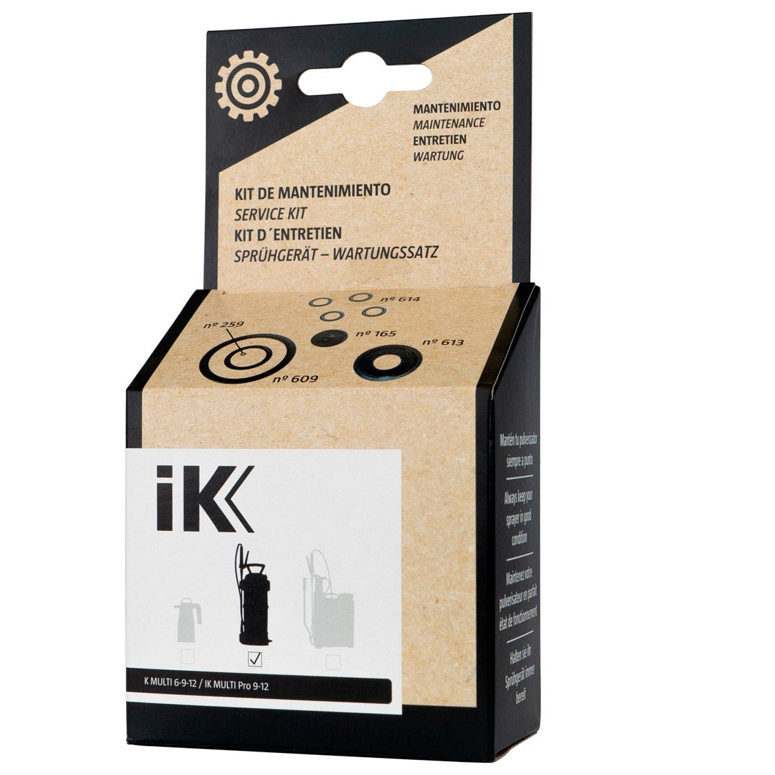 Kit manutenzione IK Multi e Multi Pro 6, 9, 12, ideale per mantenere i nebulizzatori in condizioni ottimali per prestazioni elevate. scatola fronte