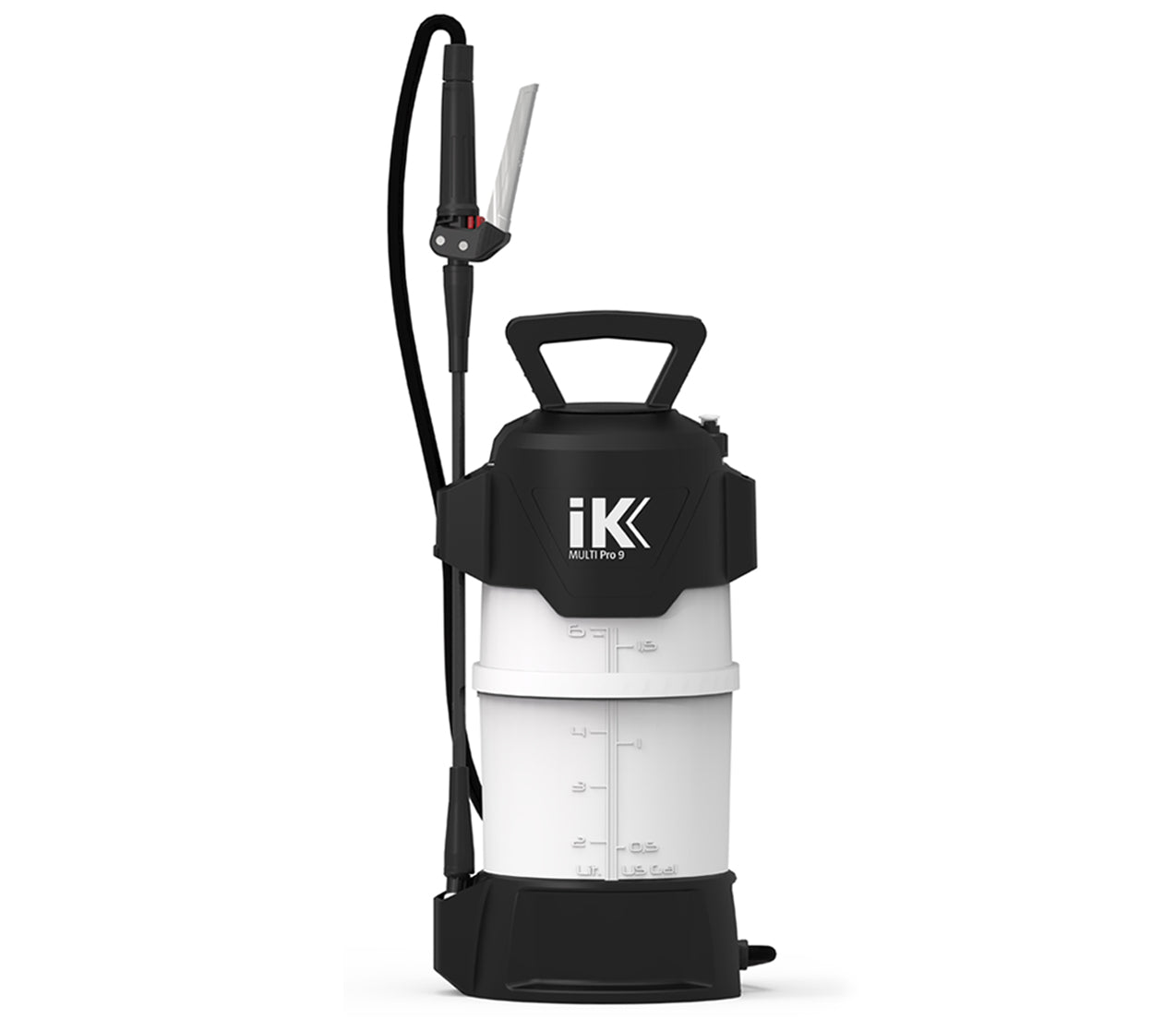 pruzzatore IK Multi Pro 9 con serbatoio bianco da 9 litri, impugnatura ergonomica nera e lancia per uso professionale, ideale per la distribuzione di liquidi chimici in applicazioni di detailing e pulizia.