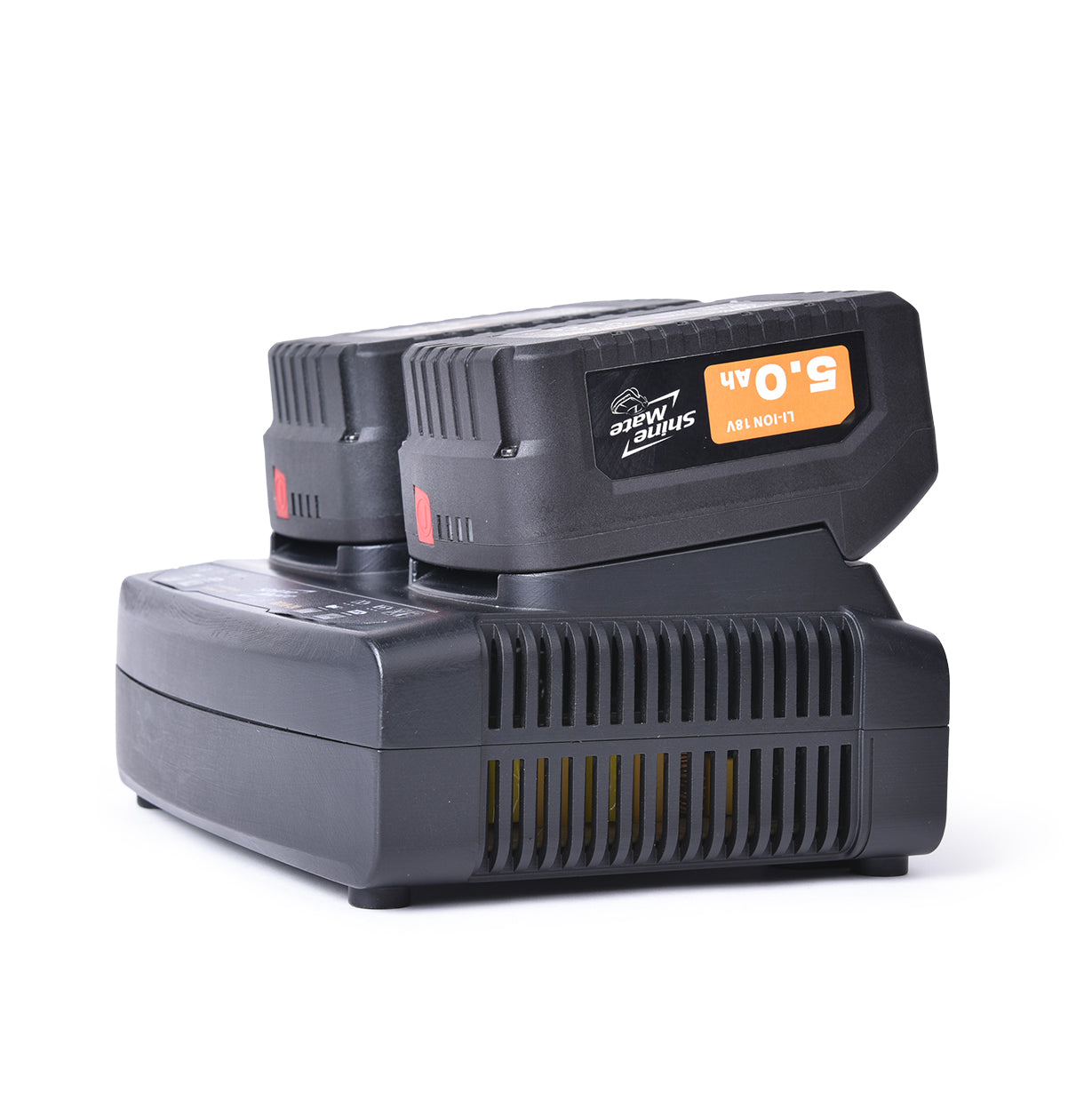SHINEMATE Caricabatteria Doppio per lucidatrici cordless, ricarica due batterie contemporaneamente per una maggiore efficienza nei lavori di detailing.
