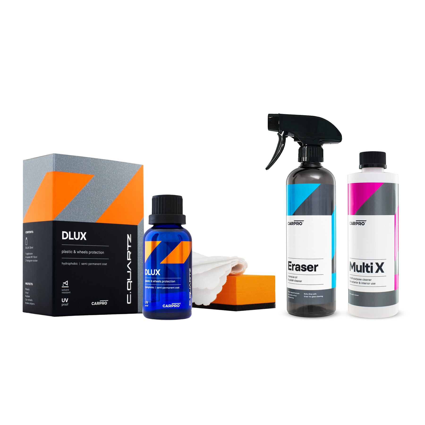 Kit CARPRO C.Quartz DLUX, contenente il rivestimento per plastiche e ruote, un flacone di Eraser, un flacone di Multi X, un applicatore e panni in microfibra