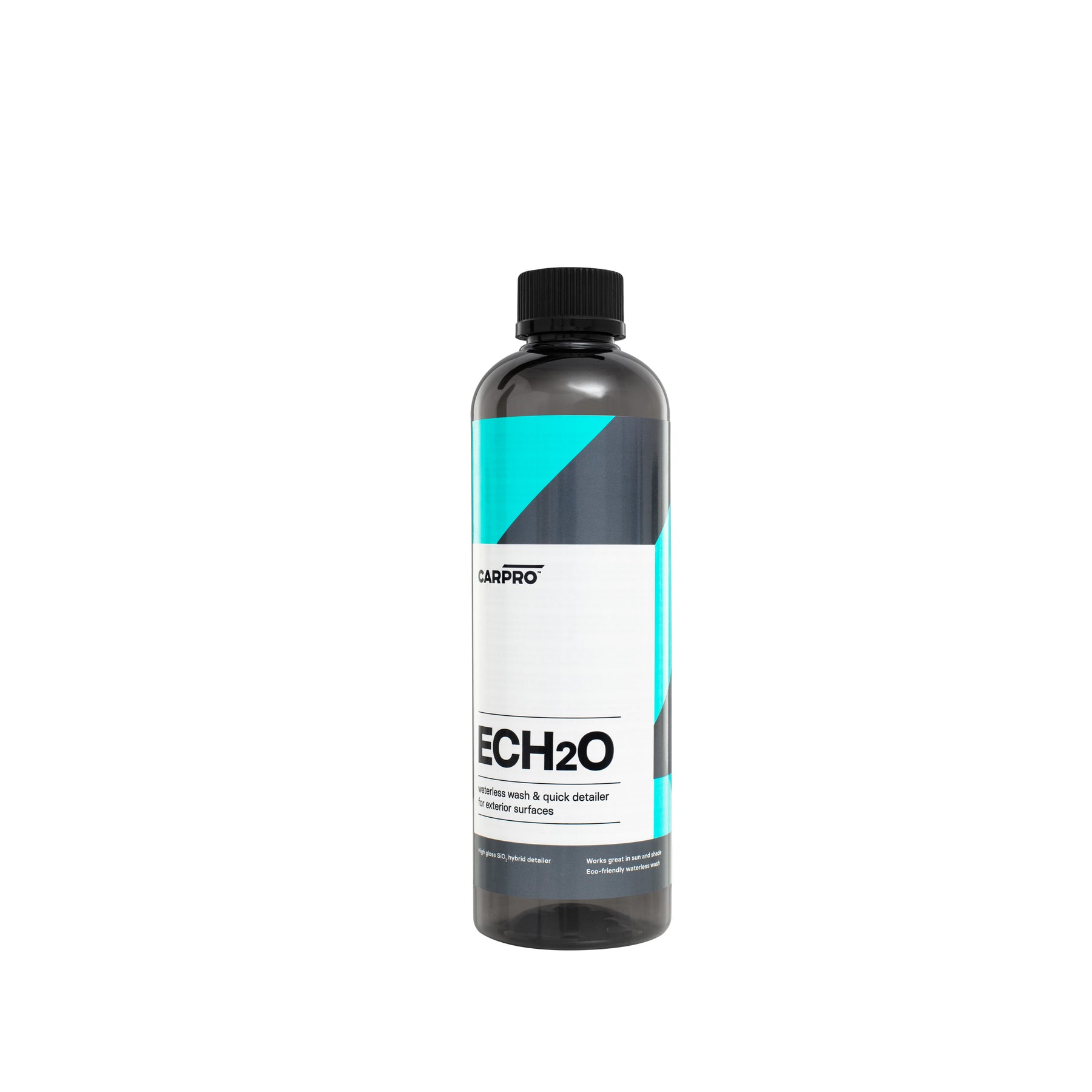 Flacone di CARPRO ECH2O Waterless Wash da 500 ml, con etichetta bianca, nera e azzurra, ideale per la pulizia rapida senza acqua delle superfici auto, lasciandole lucide e protette.