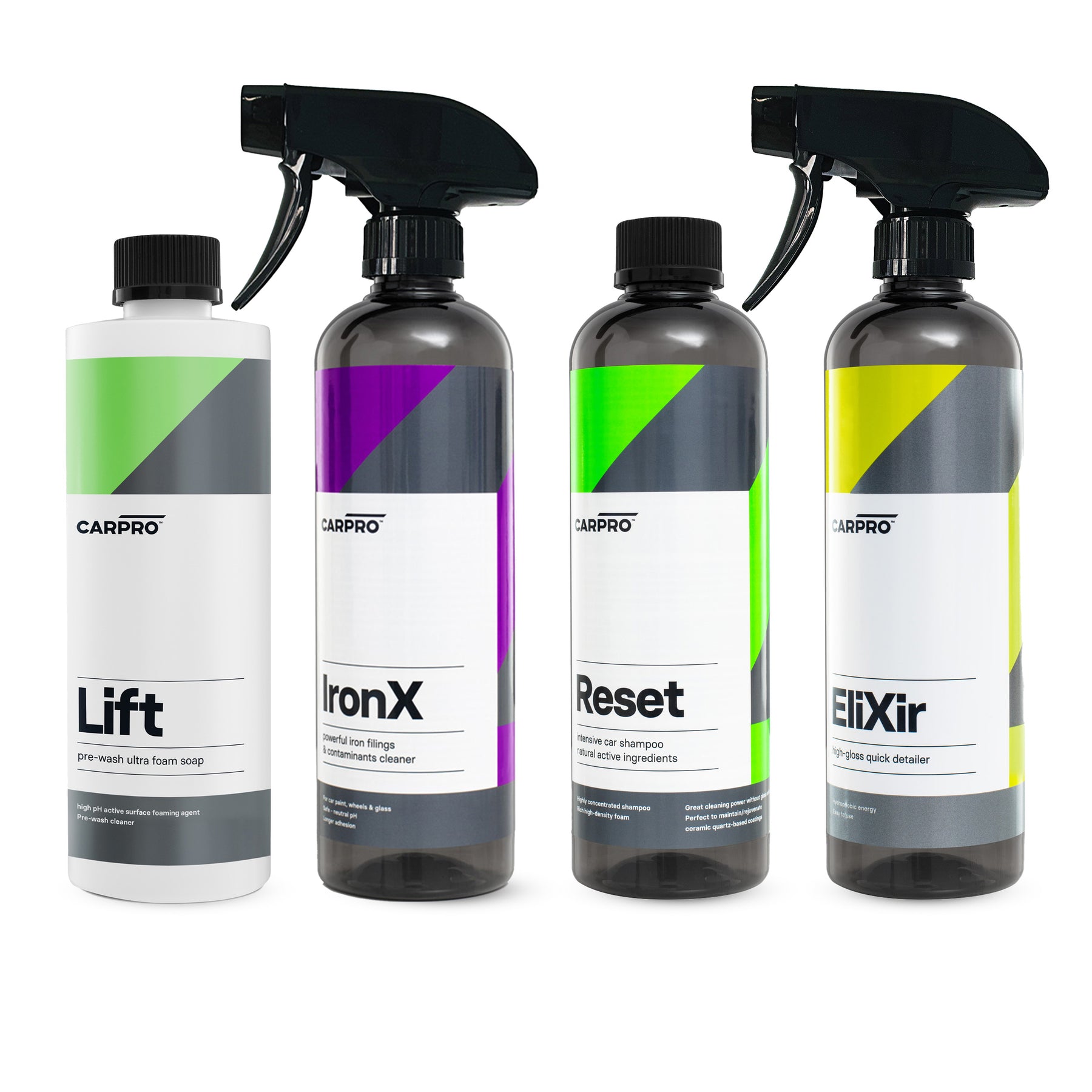 Set di quattro flaconi CARPRO per il lavaggio di mantenimento auto: Lift, uno shampoo schiumogeno per prelavaggio; IronX, un detergente per contaminazioni ferrose; Reset, uno shampoo neutro per la pulizia; e EliXir, un quick detailer per finiture rapide e brillanti.