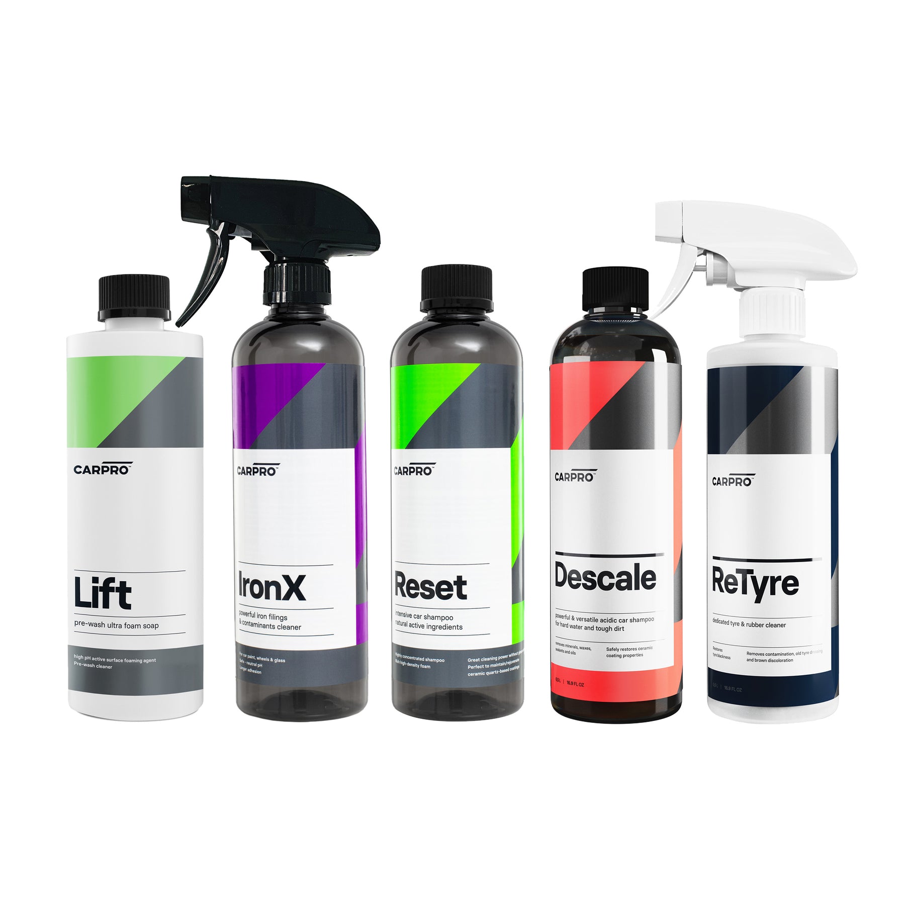 Set di cinque flaconi CARPRO per il lavaggio e decontaminazione auto: Lift, uno shampoo schiumogeno per prelavaggio; IronX, un detergente per contaminazioni ferrose; Reset, uno shampoo neutro; Descale, uno shampoo acido per rimuovere sporco ostinato; e ReTyre, un detergente per pneumatici, con etichette colorate per facile identificazione.