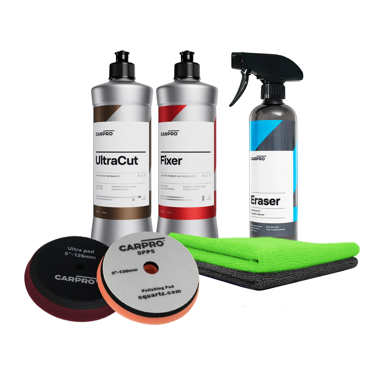 Kit Lucidatura Starter con UltraCut, Fixer, Eraser, tamponi lucidanti e panni in microfibra.