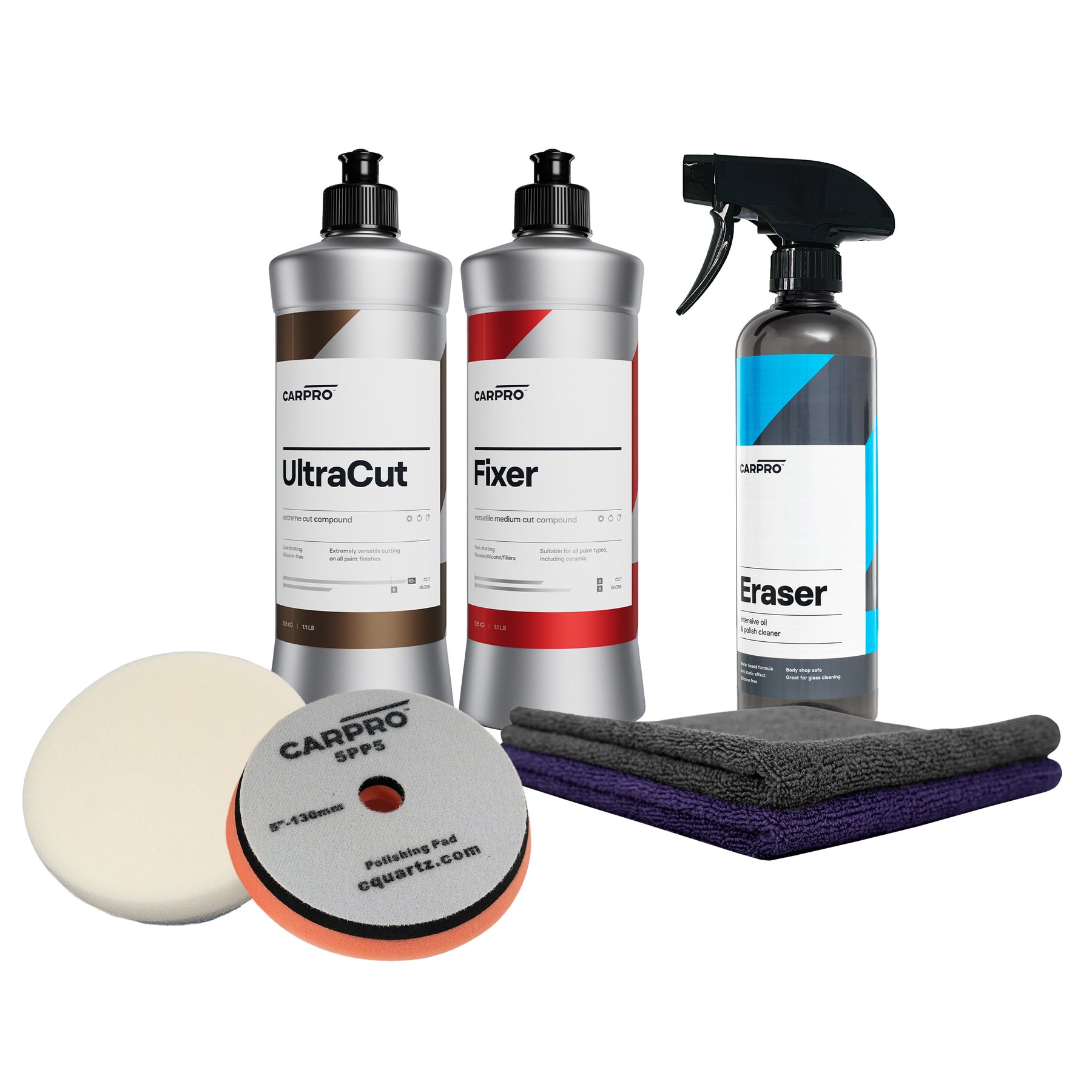 Kit Lucidatura Starter con UltraCut, Fixer, Eraser, tamponi lucidanti e panni in microfibra.