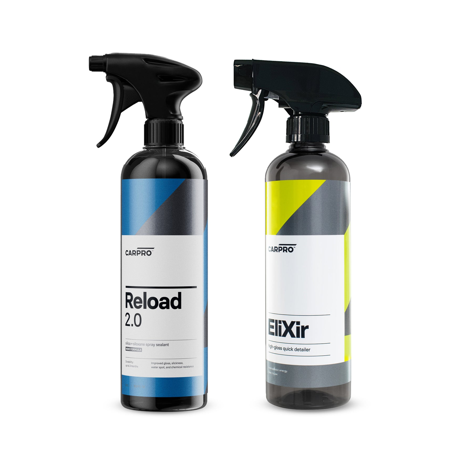 Flaconi di CARPRO Reload 2.0 ed EliXir, spray per la protezione e il mantenimento nanotecnologico dell'auto, etichette blu e gialle con spruzzatori neri.