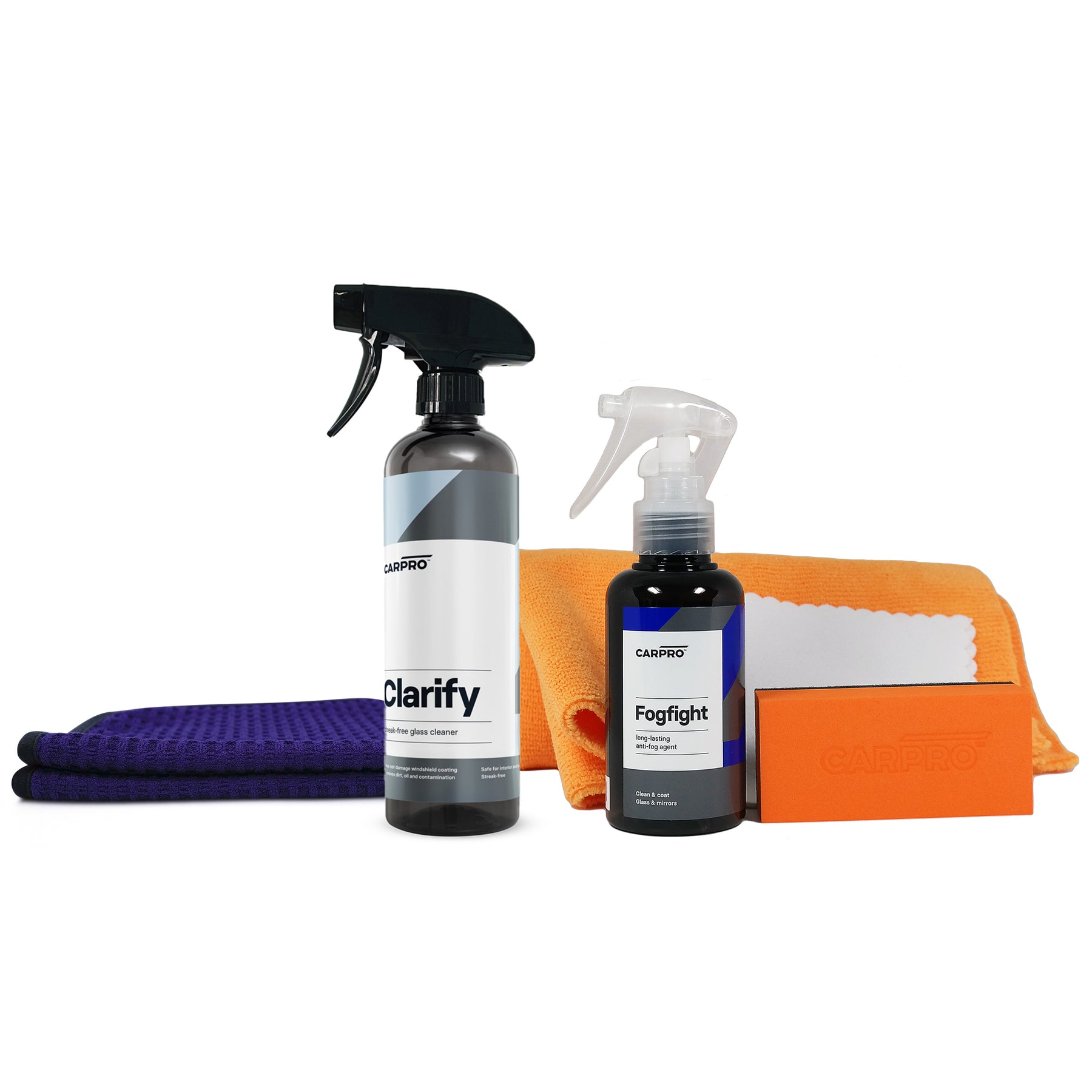 CARPRO Kit per la pulizia e l'antiappannamento dei vetri, con spray Clarify, spray Fogfight, panni in microfibra e spugna arancione.