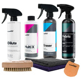 Kit CARPRO per la pulizia e la protezione dei tessuti interni e della capote dell'auto, inclusi vari prodotti specifici per una cura completa.