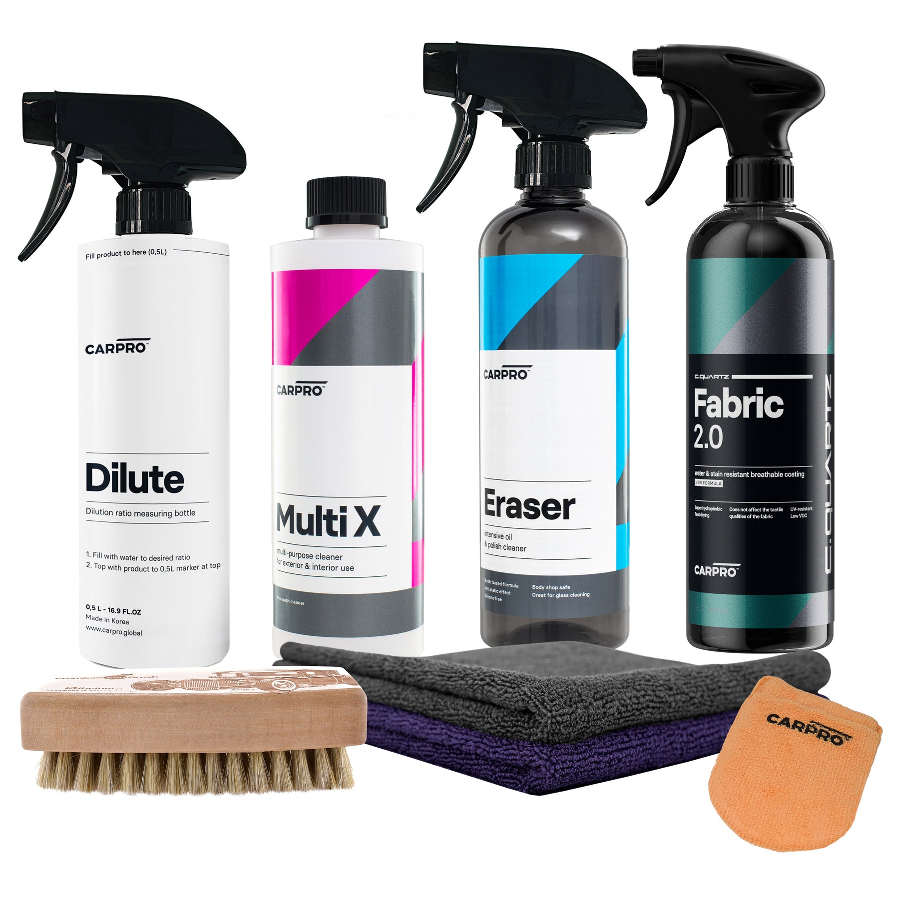 Kit CARPRO per la pulizia e la protezione dei tessuti interni e della capote dell'auto, inclusi vari prodotti specifici per una cura completa.