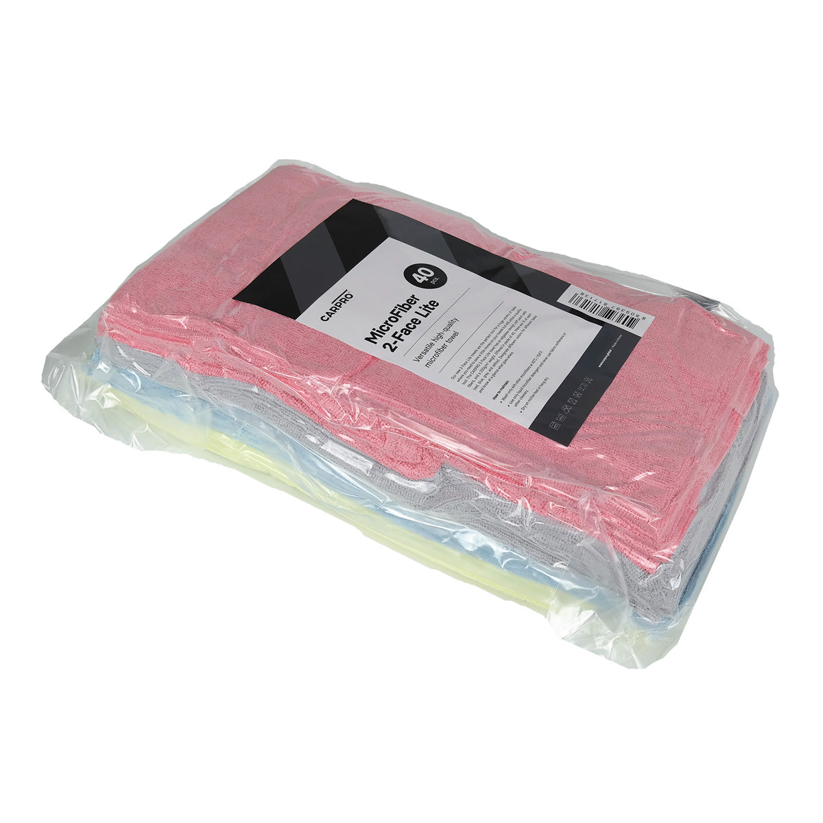 Confezione di panni in microfibra CARPRO 2Face Lite, contenente panni di vari colori (giallo, azzurro, grigio, rosa), ideali per una pulizia delicata e profonda del veicolo, perfetti per detailers professionisti.