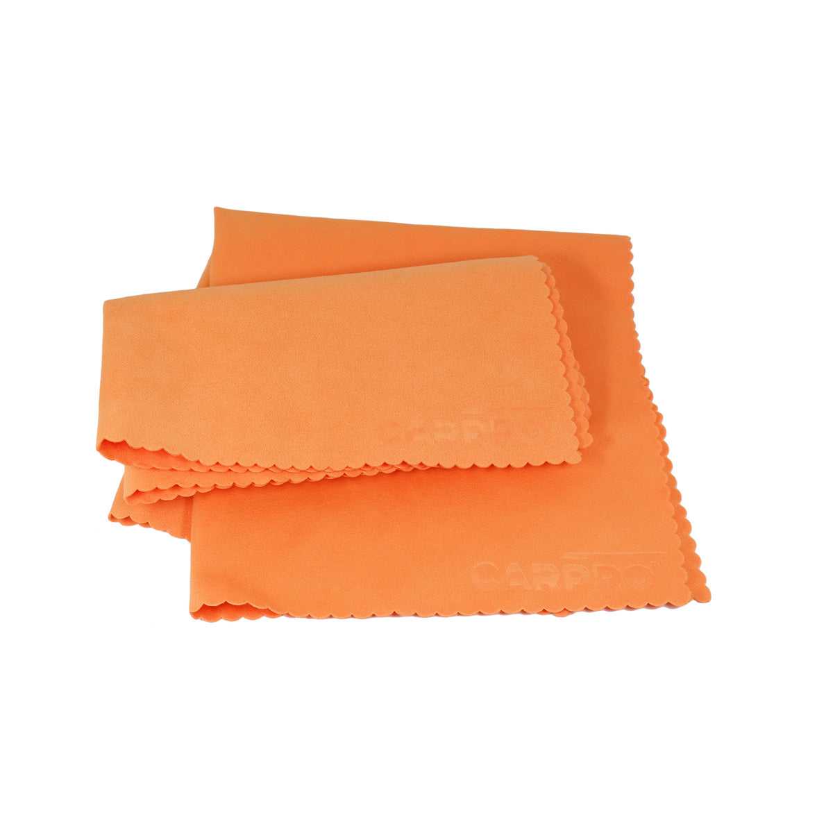 Panni in microfibra CARPRO Suede MF Ultrasonic Cut per applicazioni di prodotti per detailing, su sfondo bianco.